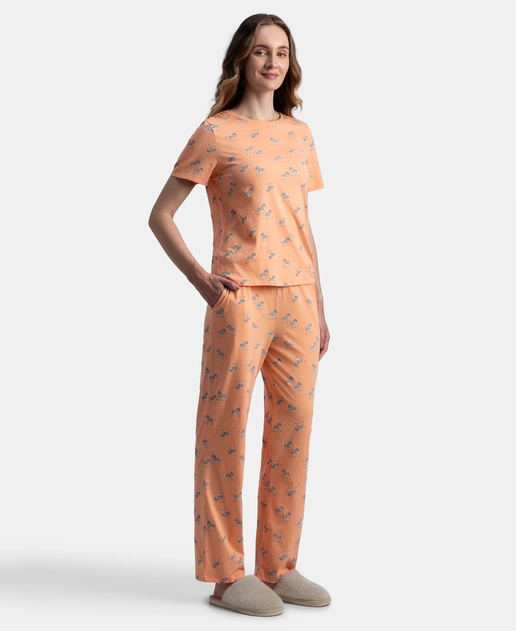Cotton Short Sleeve Printed T-Shirt & Pyjama Sleep Set - Coral - Image 2