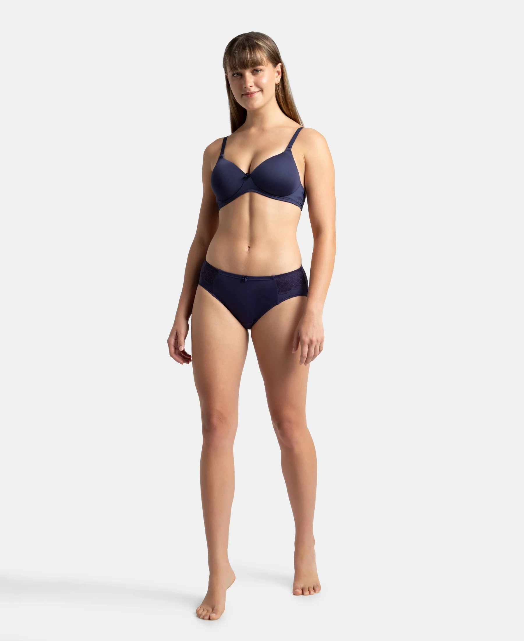 Full Coverage Soft Touch Microfiber Elastane Stretch Hipster with Lace Styling - Classic Navy - Image 4