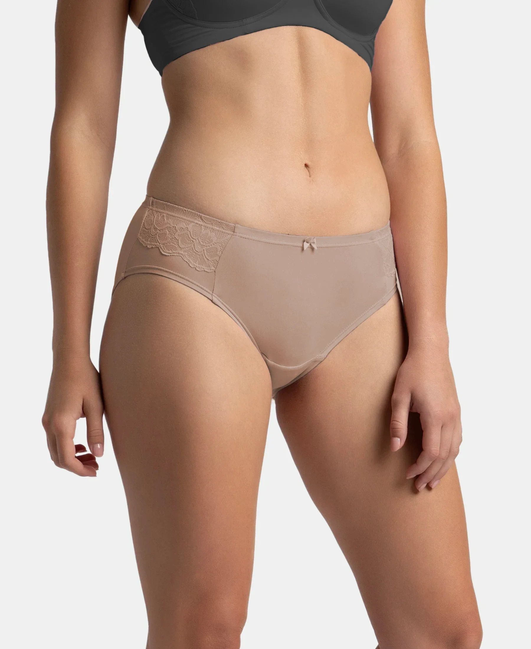 Full Coverage Soft Touch Microfiber Elastane Stretch Hipster with Lace Styling - Deep Taupe - Image 2
