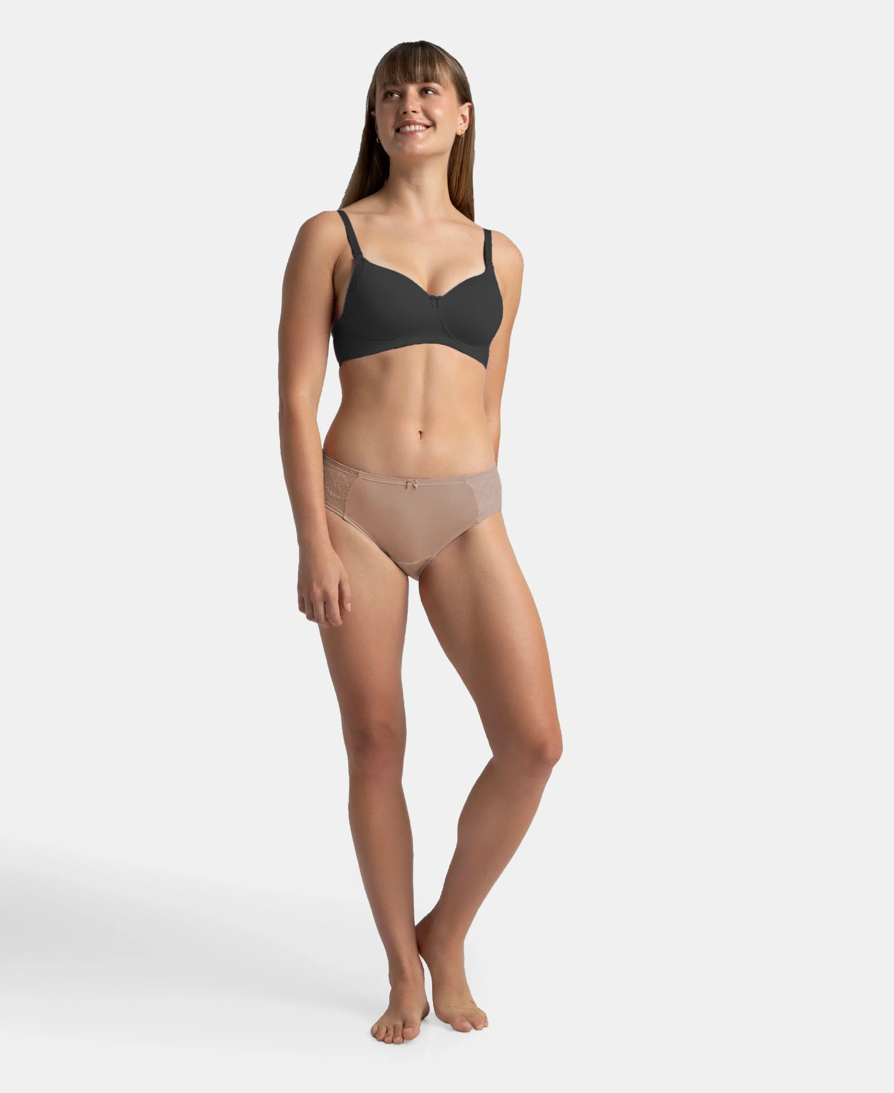 Full Coverage Soft Touch Microfiber Elastane Stretch Hipster with Lace Styling - Deep Taupe - Image 4