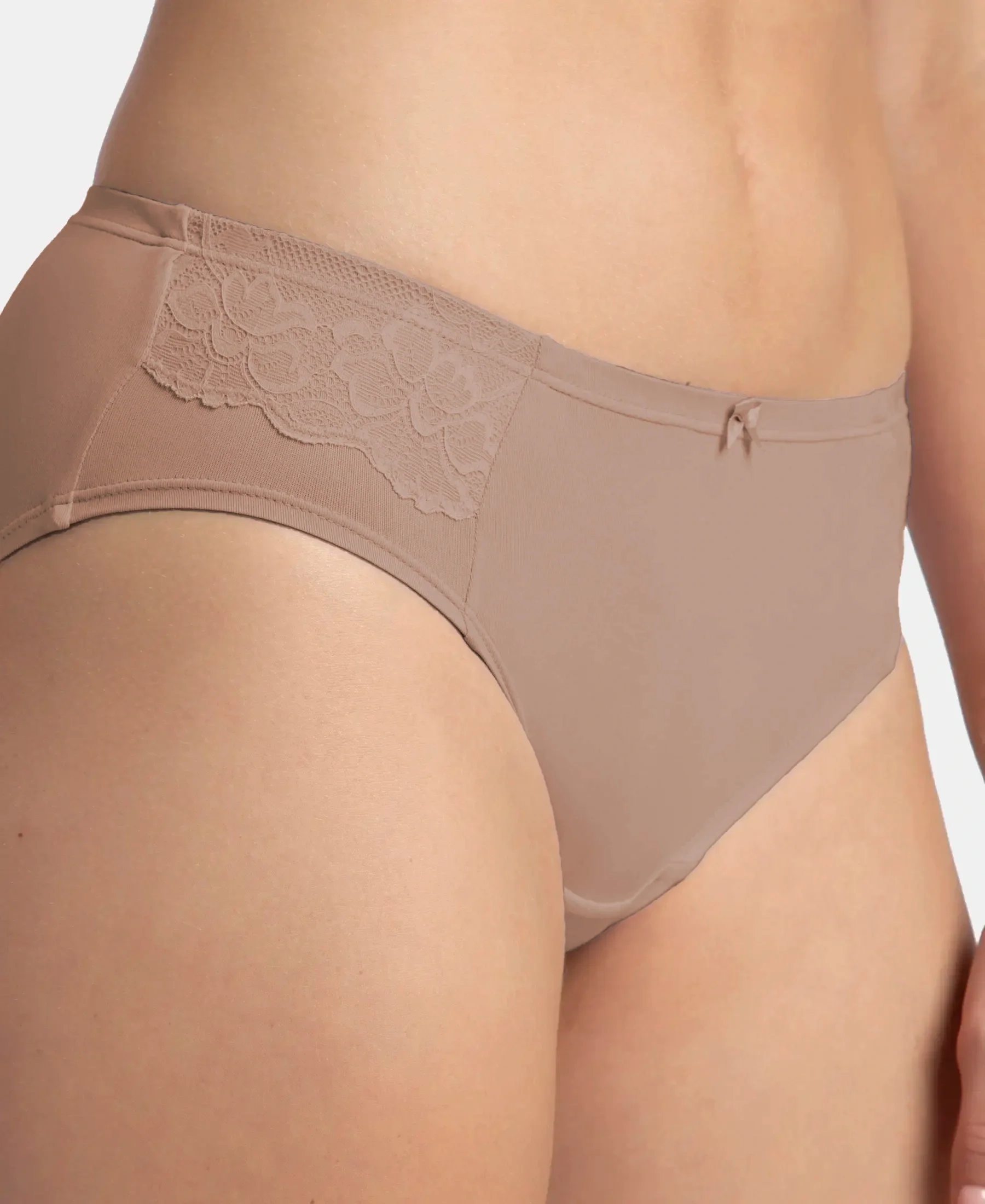 Full Coverage Soft Touch Microfiber Elastane Stretch Hipster with Lace Styling - Deep Taupe - Image 6