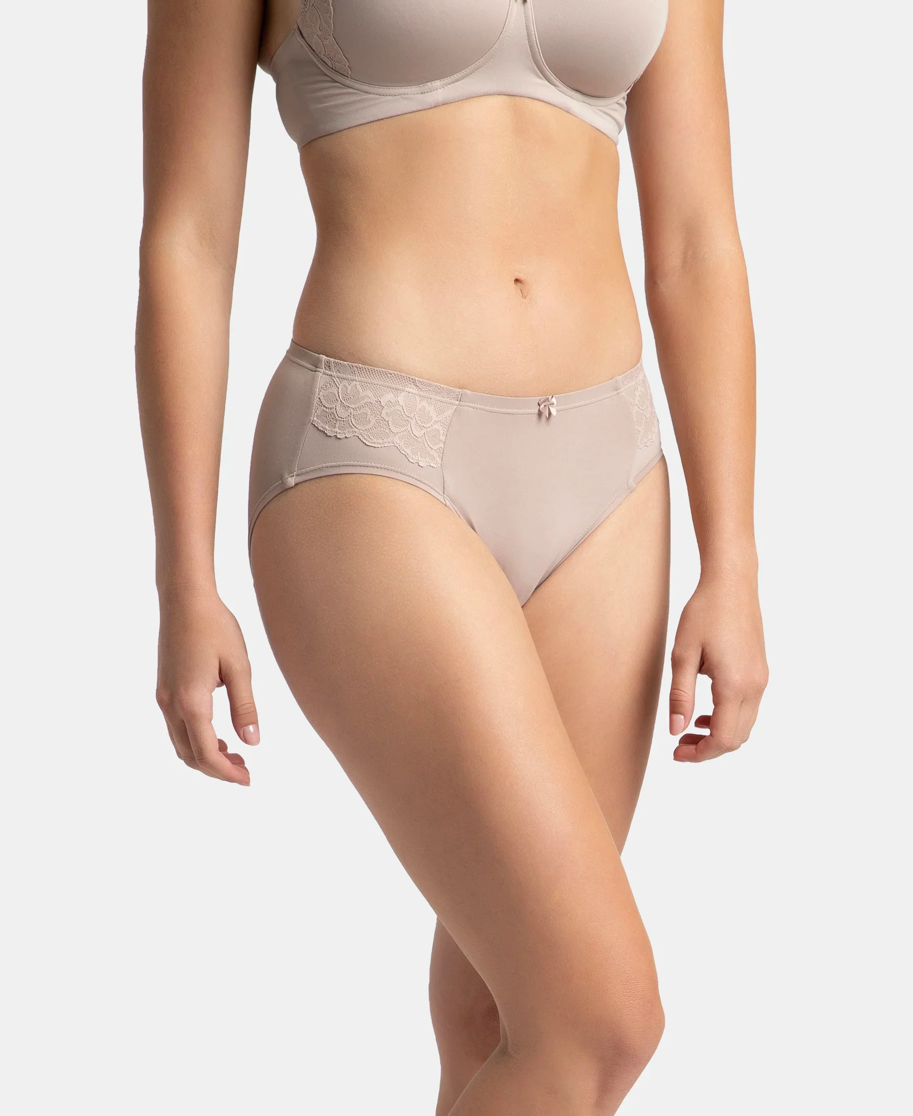 Full Coverage Soft Touch Microfiber Elastane Stretch Hipster with Lace Styling - Mocha - Image 2