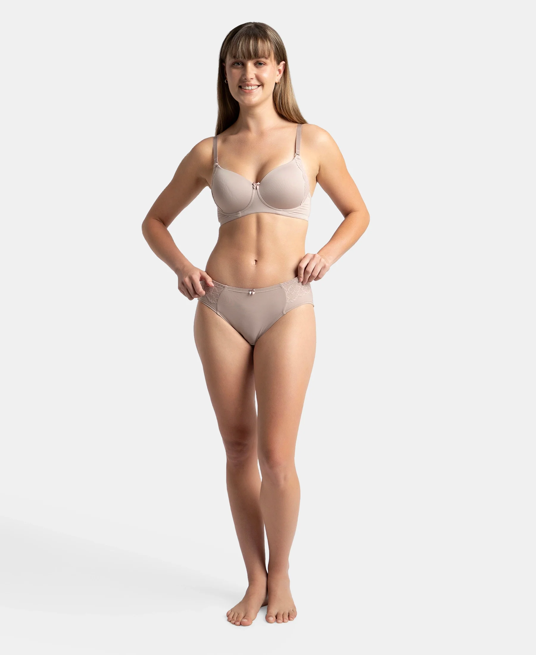 Full Coverage Soft Touch Microfiber Elastane Stretch Hipster with Lace Styling - Mocha - Image 4