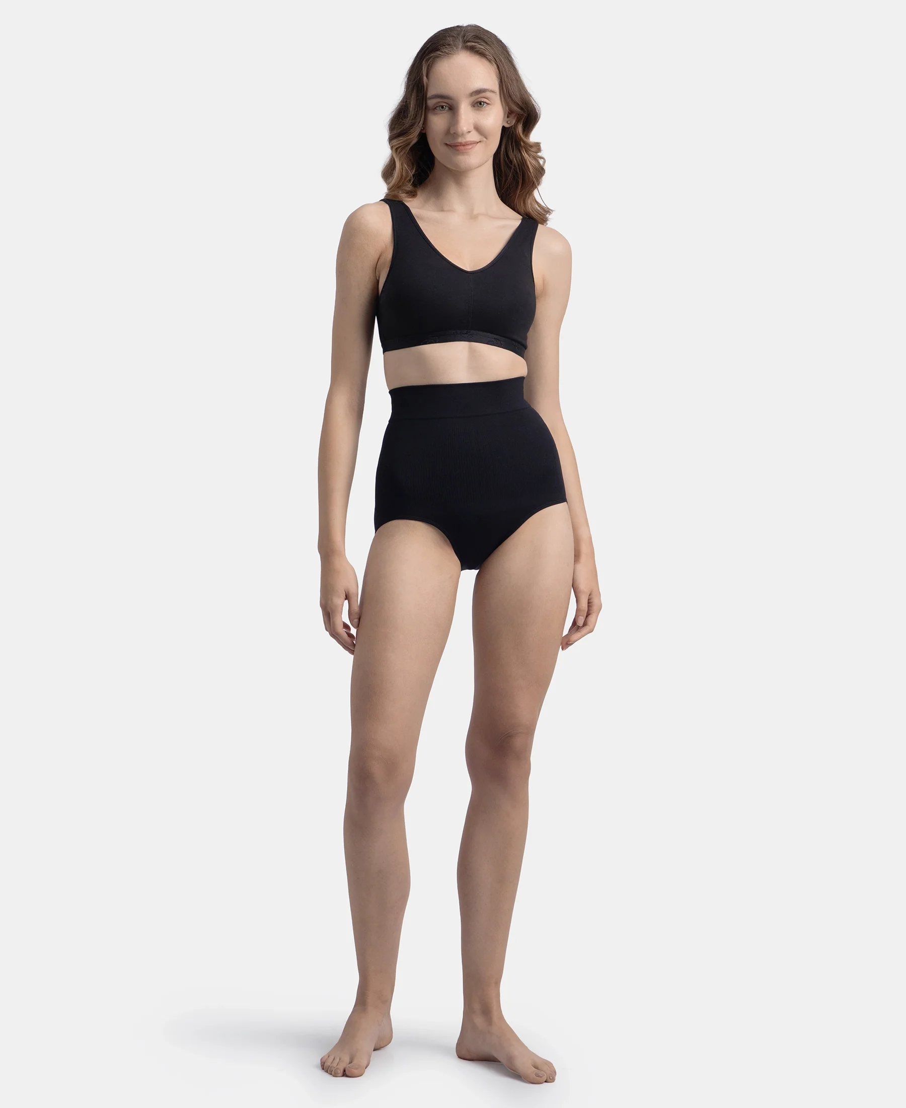 High Waist Microfiber Elastane Stretch Seamfree Bikini Shapewear - Black - Image 4