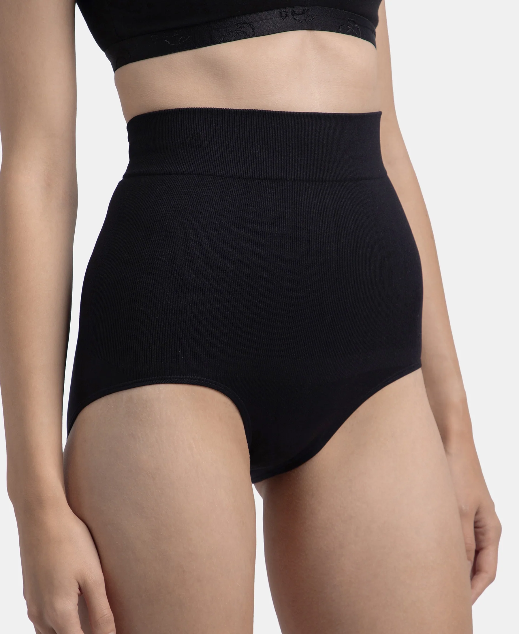 High Waist Microfiber Elastane Stretch Seamfree Bikini Shapewear - Black - Image 7