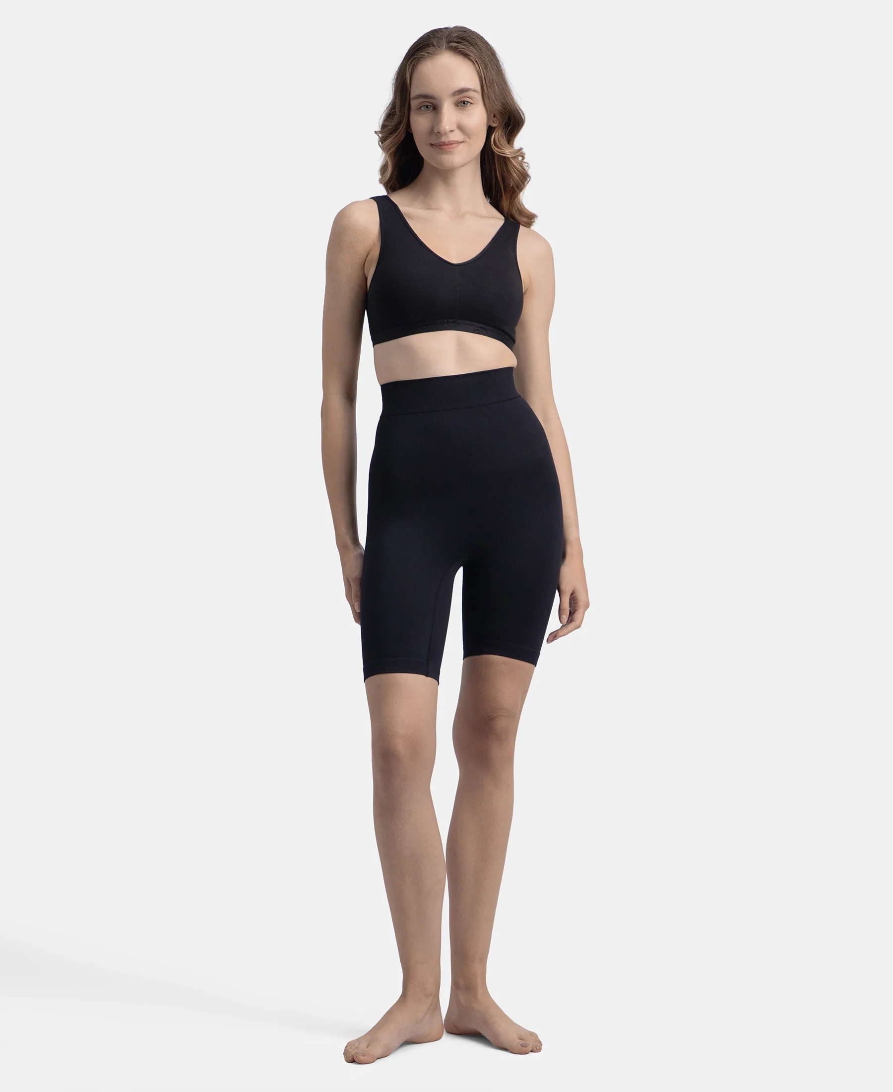 High Waist Microfiber Elastane Stretch Seamfree Shorts Shapewear - Black - Image 4