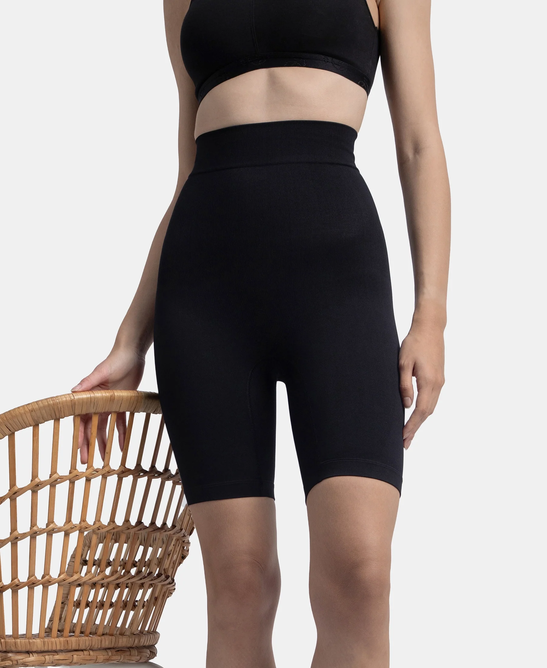 High Waist Microfiber Elastane Stretch Seamfree Shorts Shapewear - Black - Image 5