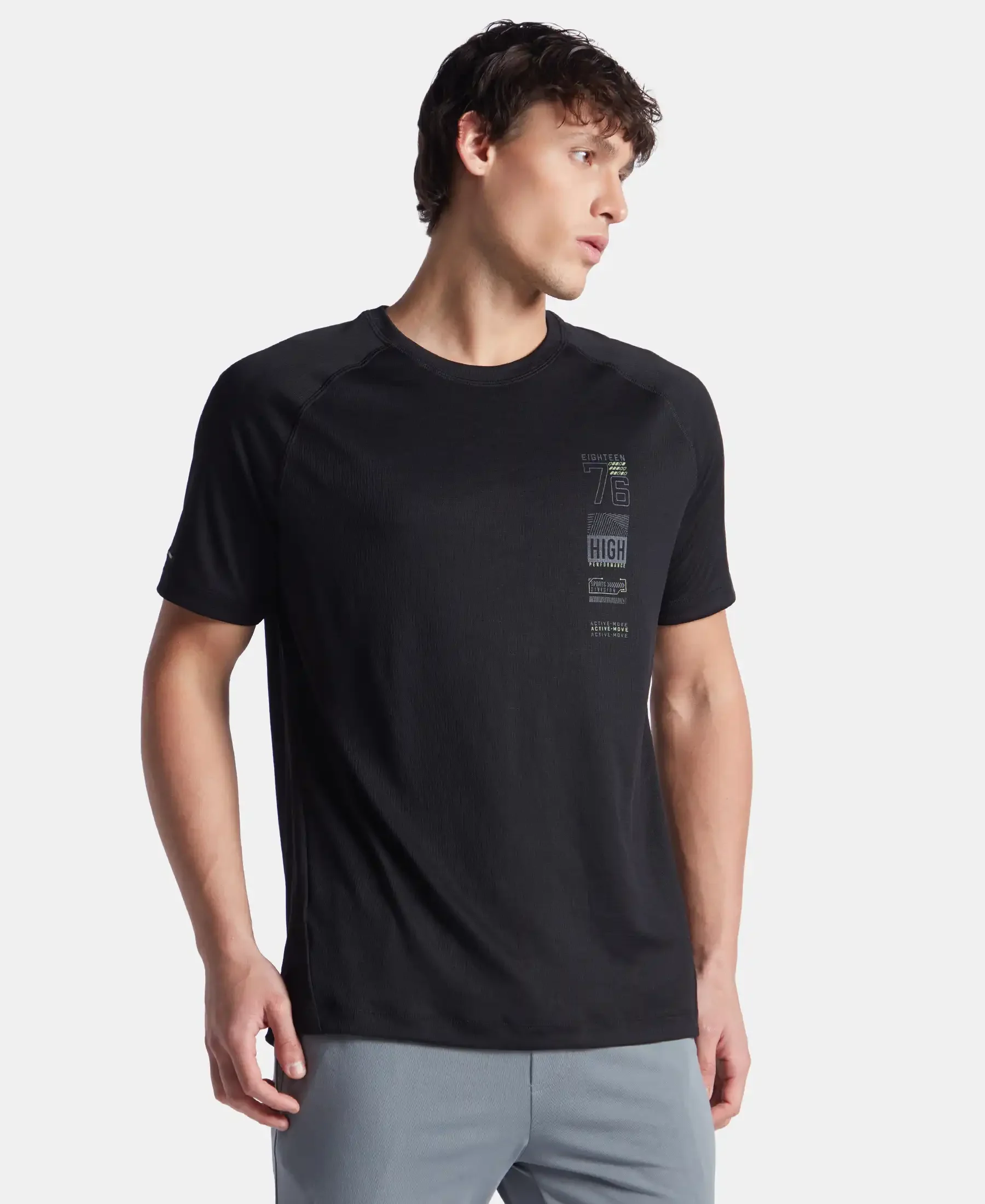 Lightweight Microfiber Round Neck Half Sleeve Printed T-Shirt with Breathable Mesh - Black - Image 2