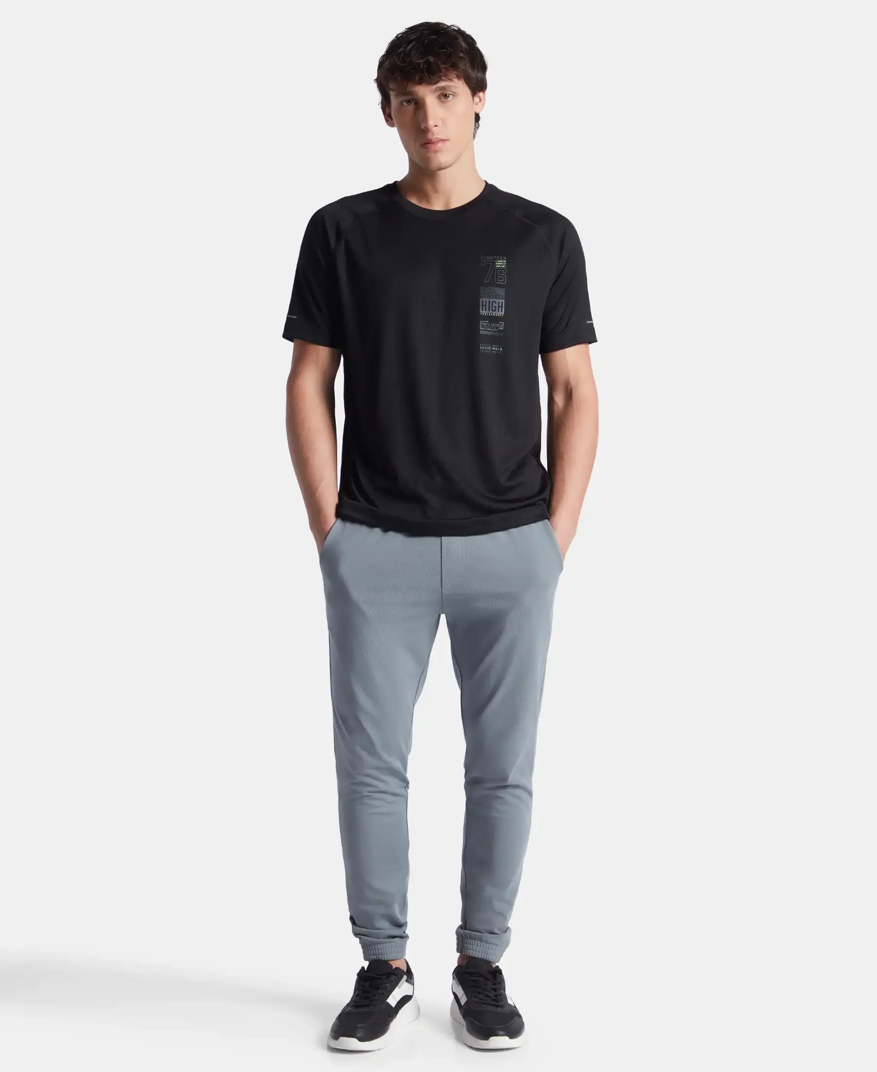 Lightweight Microfiber Round Neck Half Sleeve Printed T-Shirt with Breathable Mesh - Black - Image 4