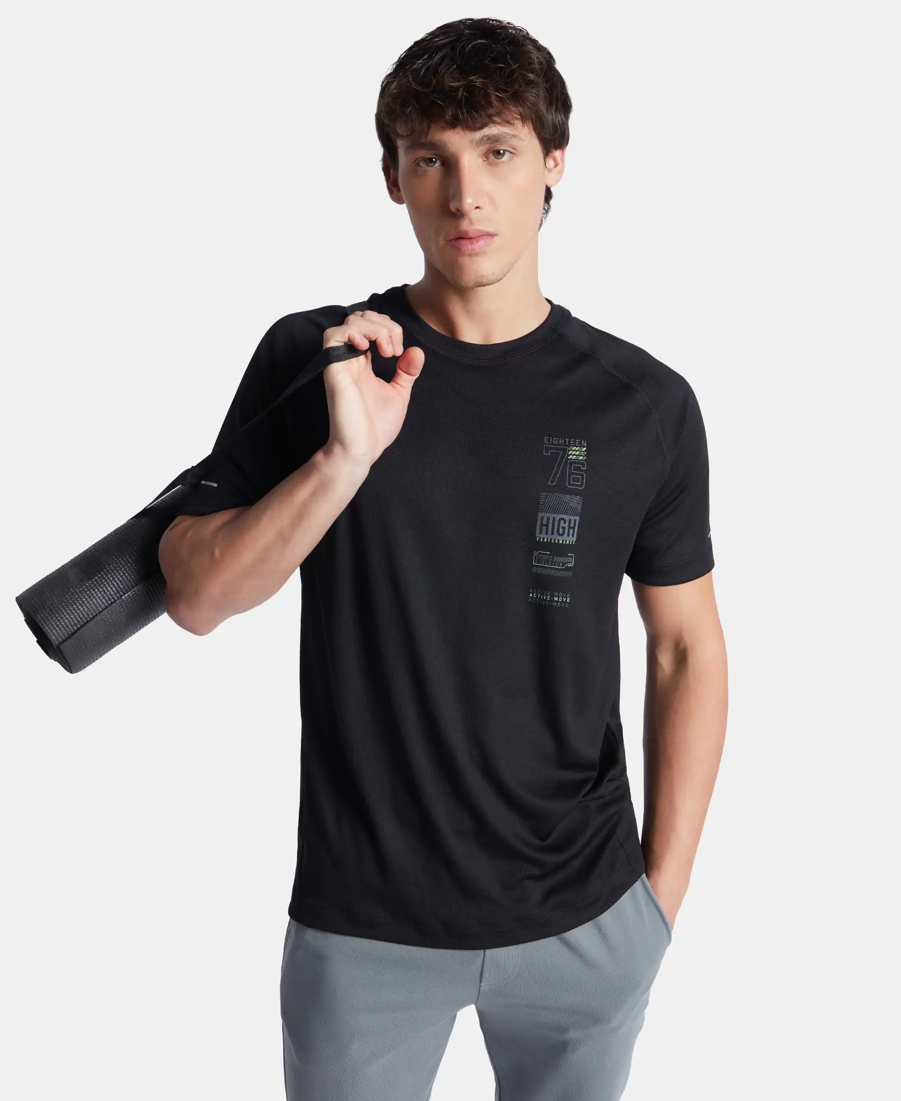 Lightweight Microfiber Round Neck Half Sleeve Printed T-Shirt with Breathable Mesh - Black - Image 5