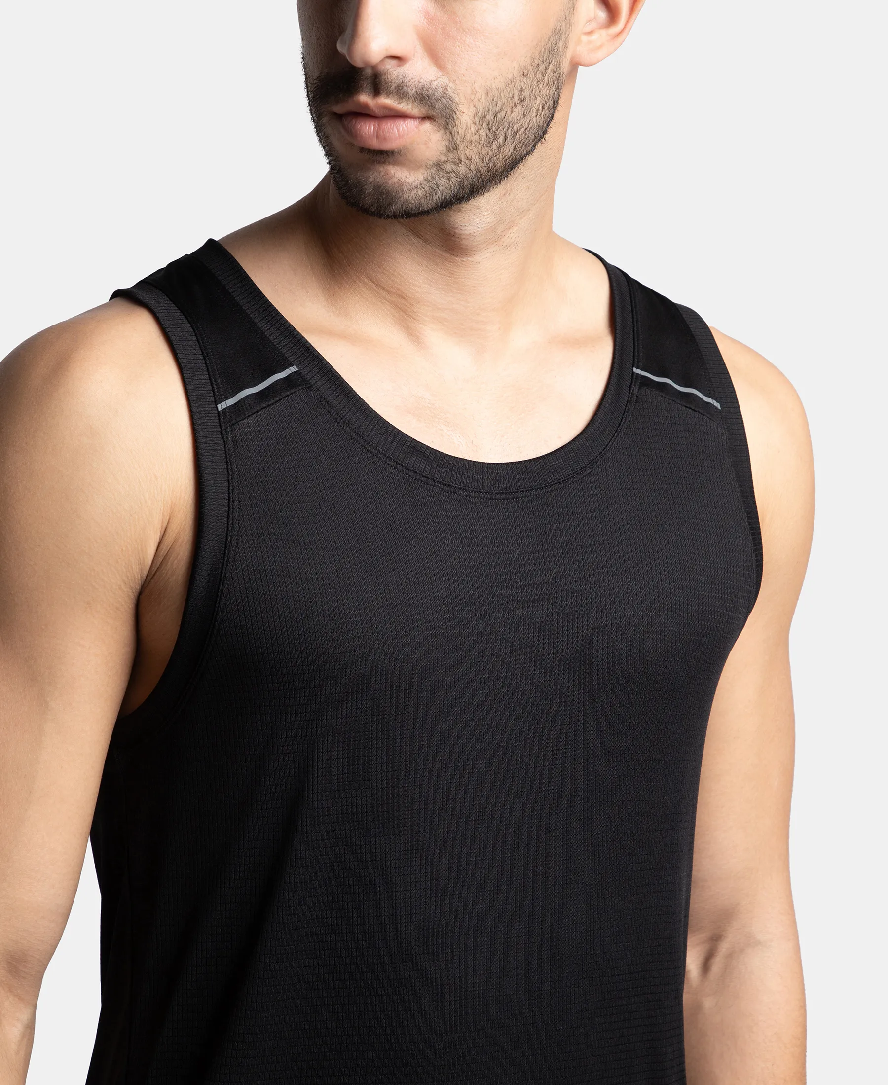 Lightweight Microfiber Solid Tank Top with Breathable Mesh - Black - Image 7