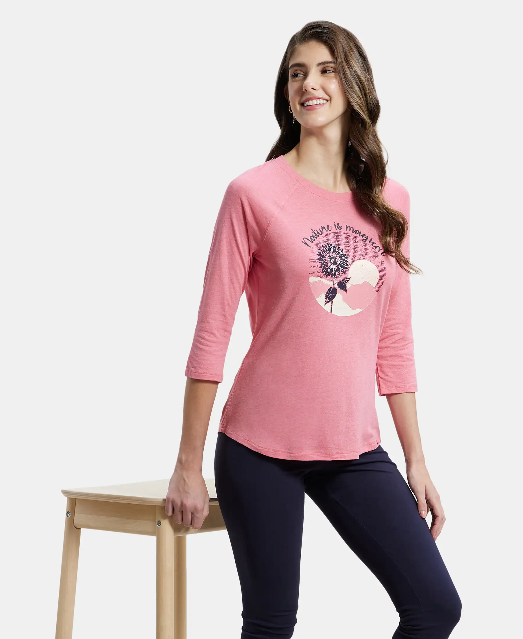 Micro Modal Cotton Relaxed Fit Graphic Printed Round Neck Three Quarter Sleeve T-Shirt - CamRose Melange - Image 5