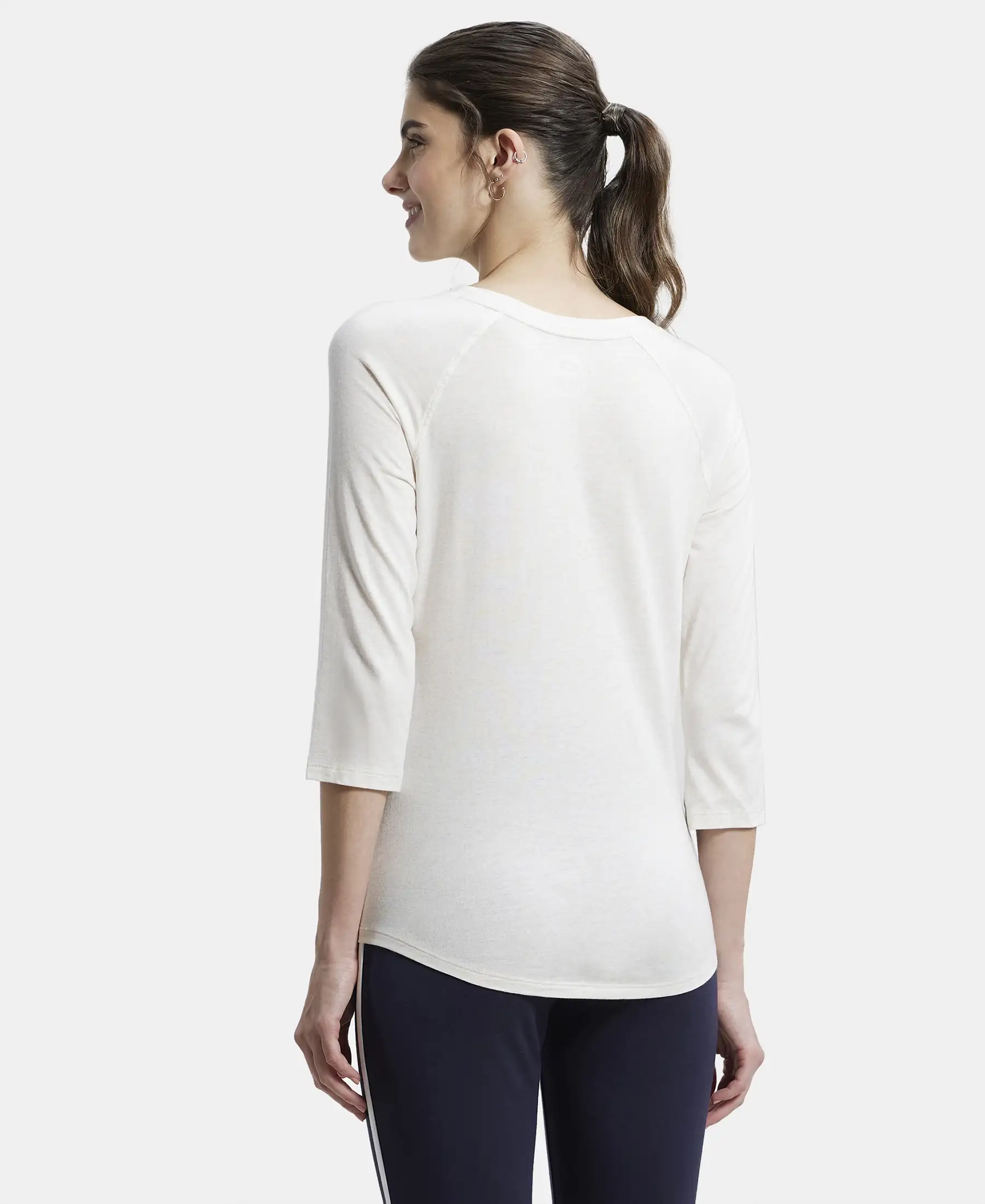 Micro Modal Cotton Relaxed Fit Graphic Printed Round Neck Three Quarter Sleeve T-Shirt - Ecru Melange - Image 3