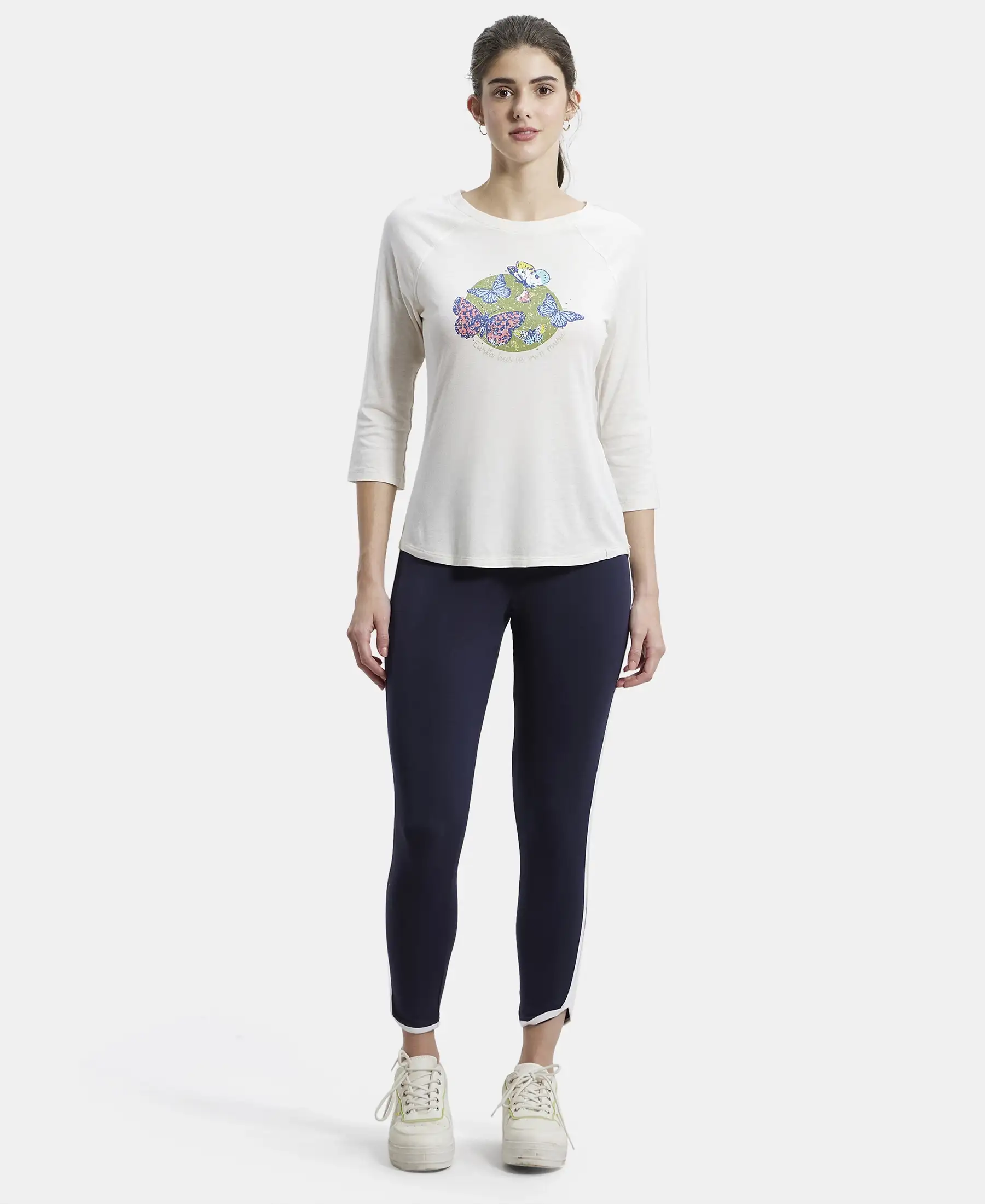 Micro Modal Cotton Relaxed Fit Graphic Printed Round Neck Three Quarter Sleeve T-Shirt - Ecru Melange - Image 4