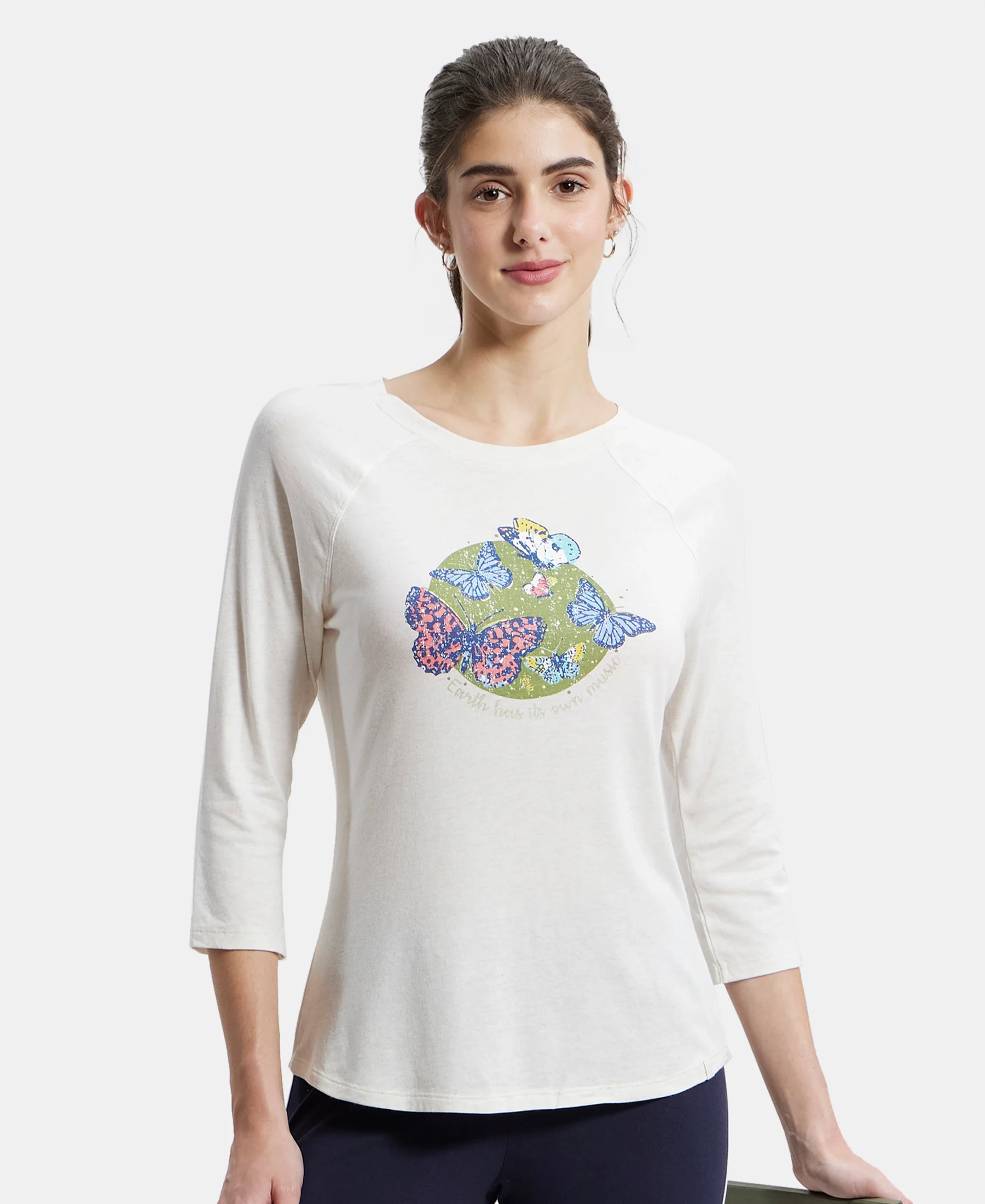 Micro Modal Cotton Relaxed Fit Graphic Printed Round Neck Three Quarter Sleeve T-Shirt - Ecru Melange - Image 5
