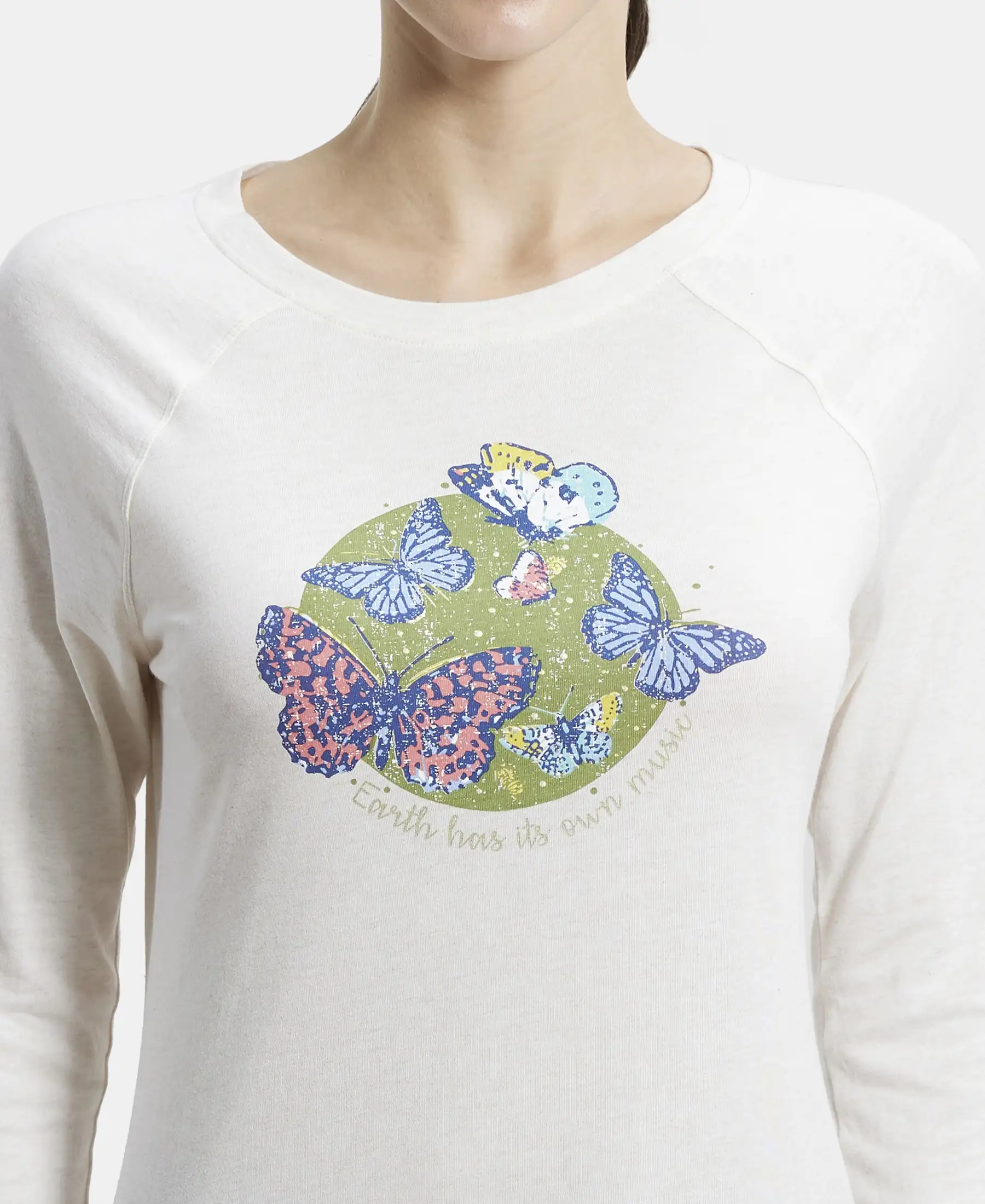 Micro Modal Cotton Relaxed Fit Graphic Printed Round Neck Three Quarter Sleeve T-Shirt - Ecru Melange - Image 6