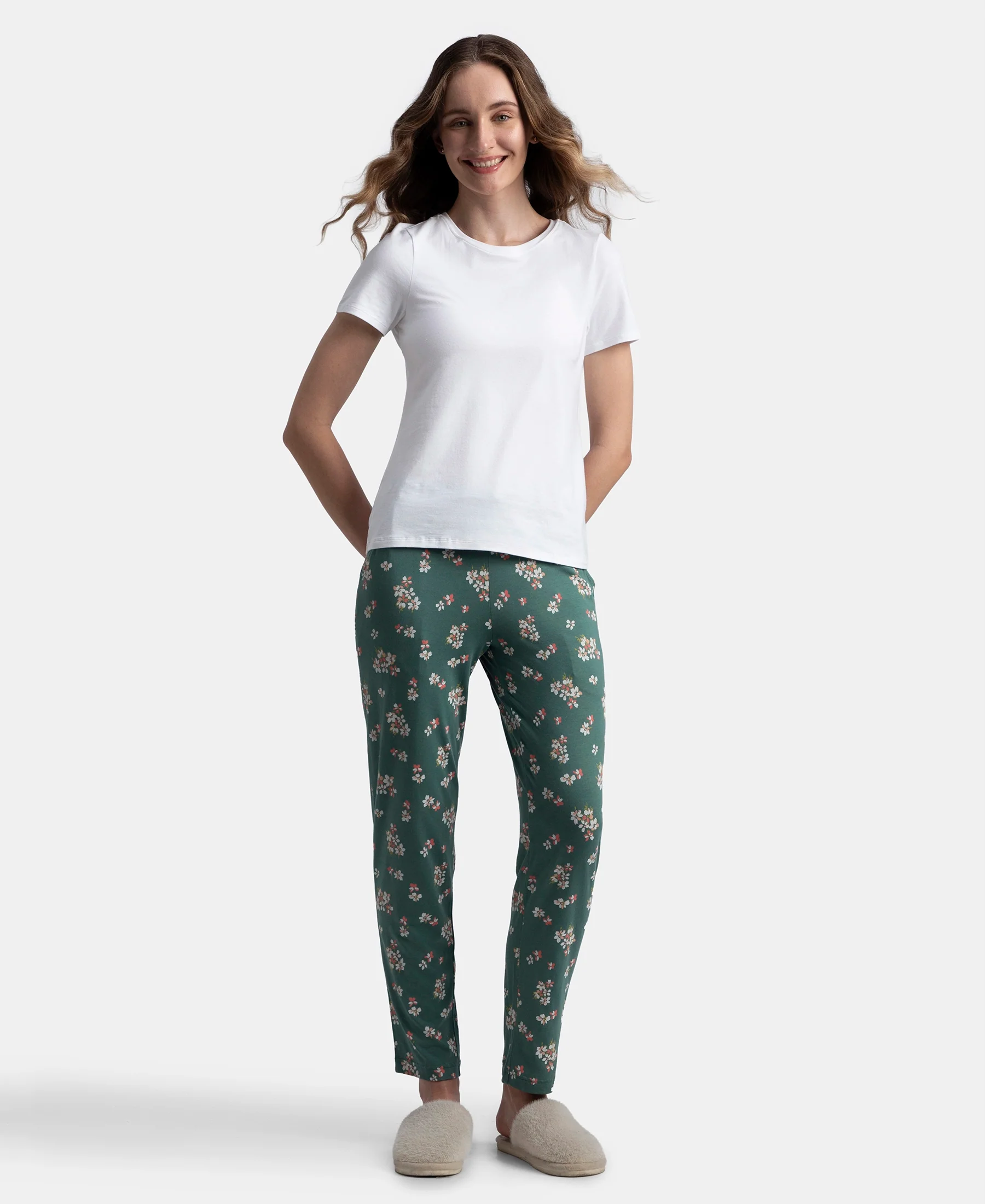 Micro Modal Cotton Relaxed Fit Printed Pyjama with Side Pockets - Sage Brush Green - Image 4