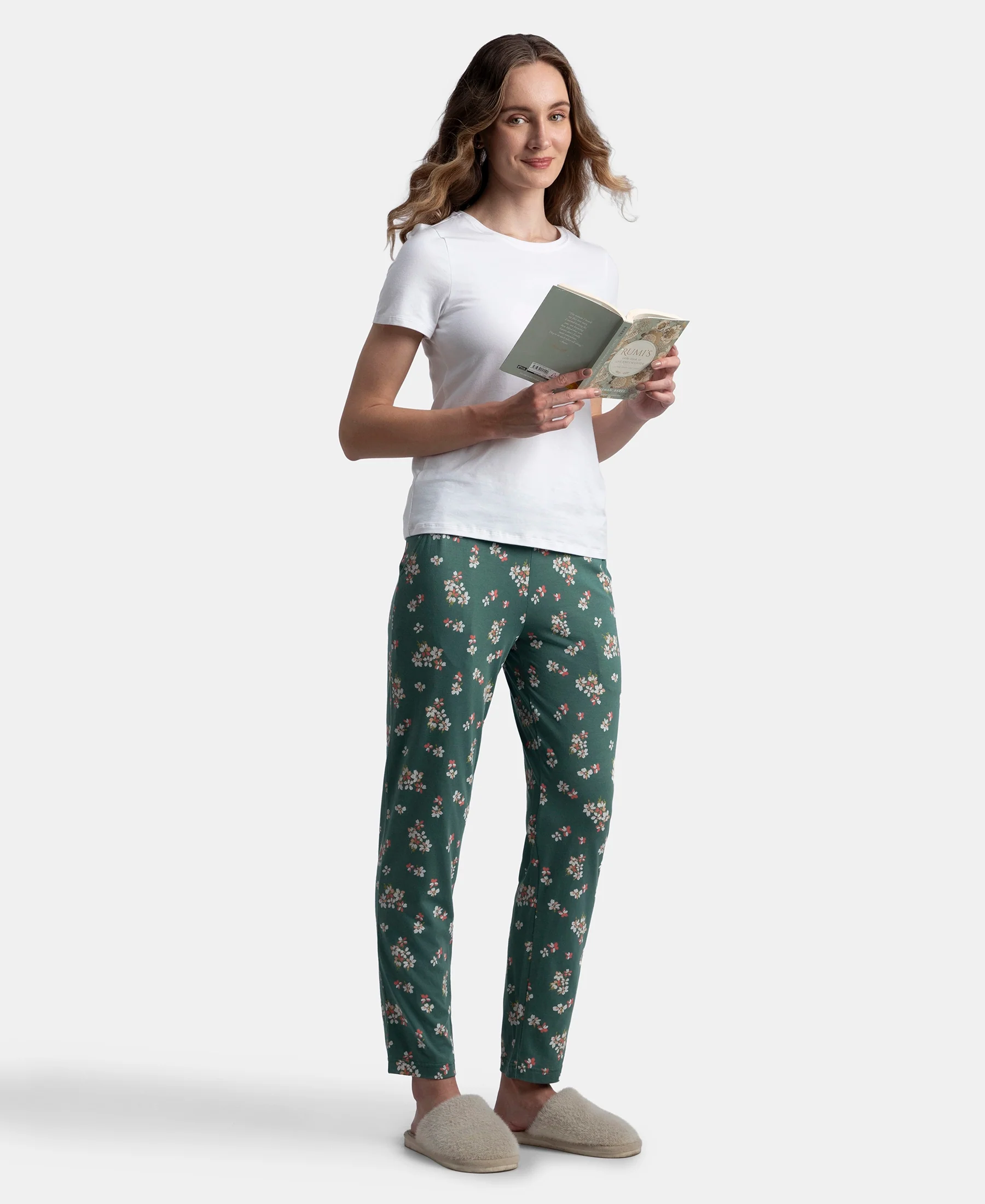 Micro Modal Cotton Relaxed Fit Printed Pyjama with Side Pockets - Sage Brush Green - Image 6