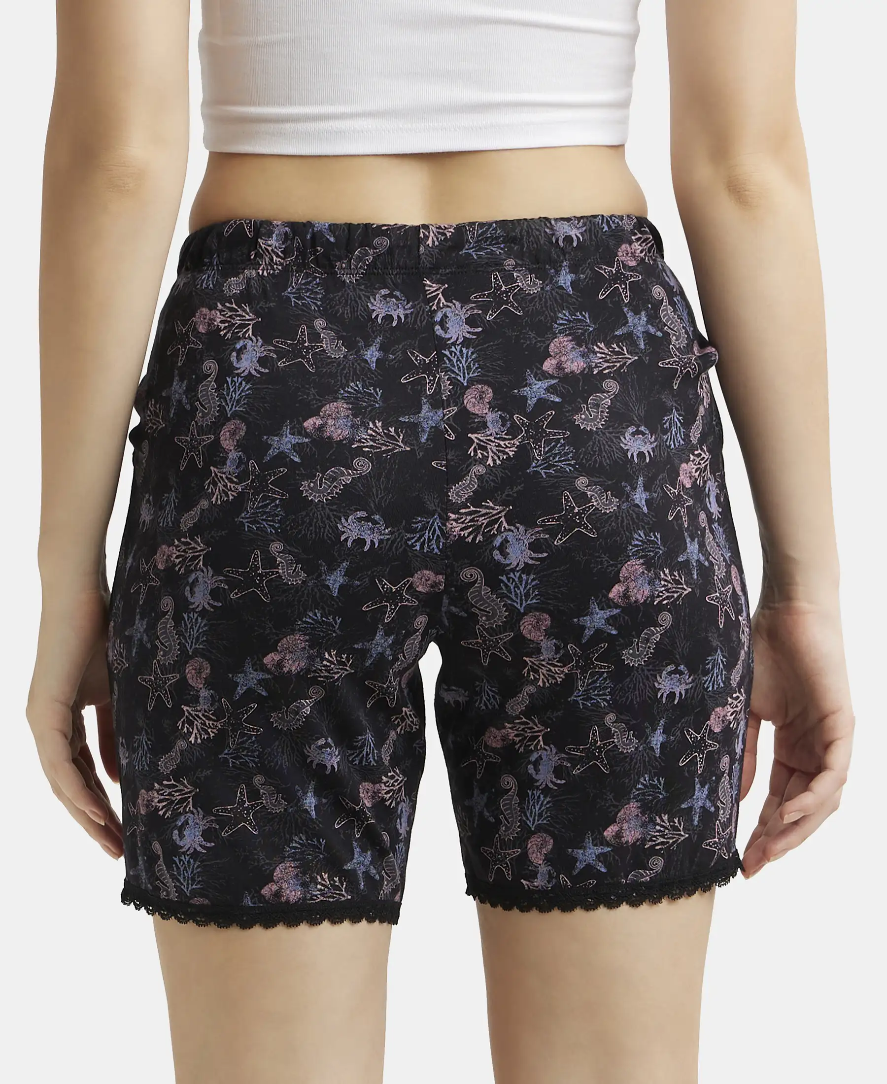 Micro Modal Cotton Relaxed Fit Printed Shorts with Side Pockets - Black - Image 3