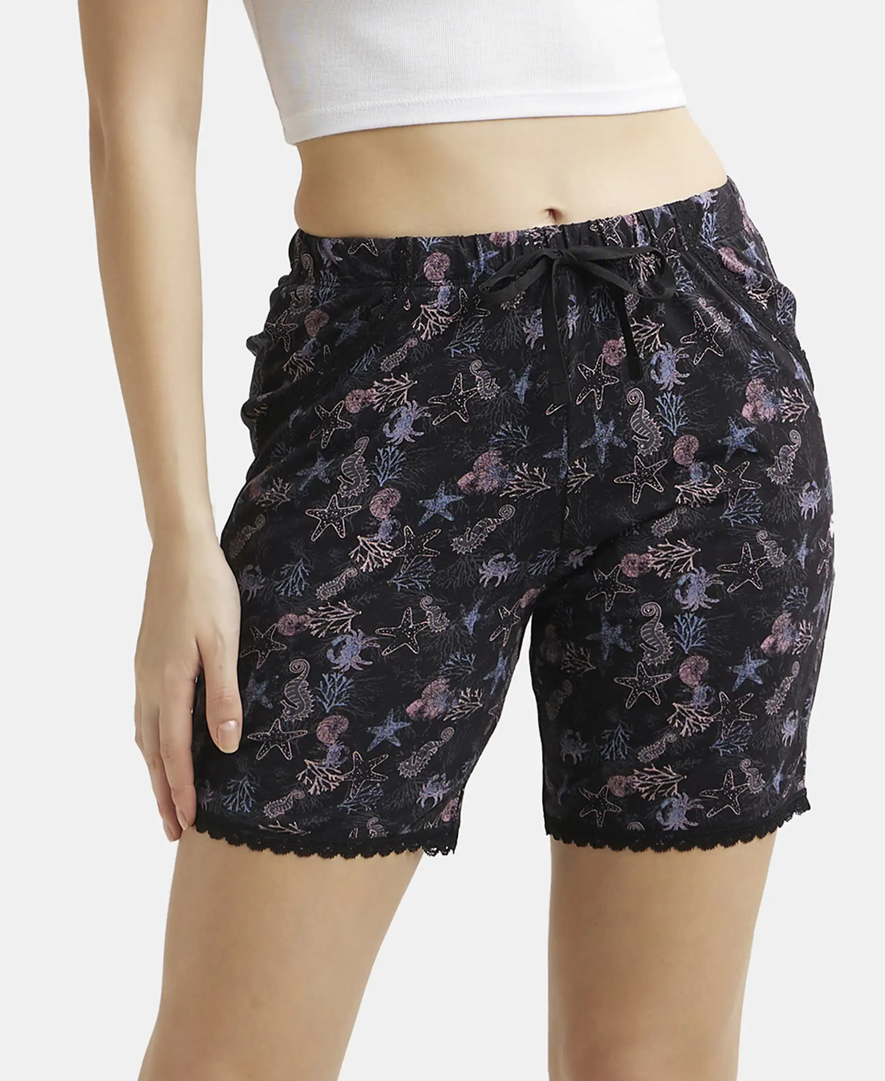 Micro Modal Cotton Relaxed Fit Printed Shorts with Side Pockets - Black - Image 5
