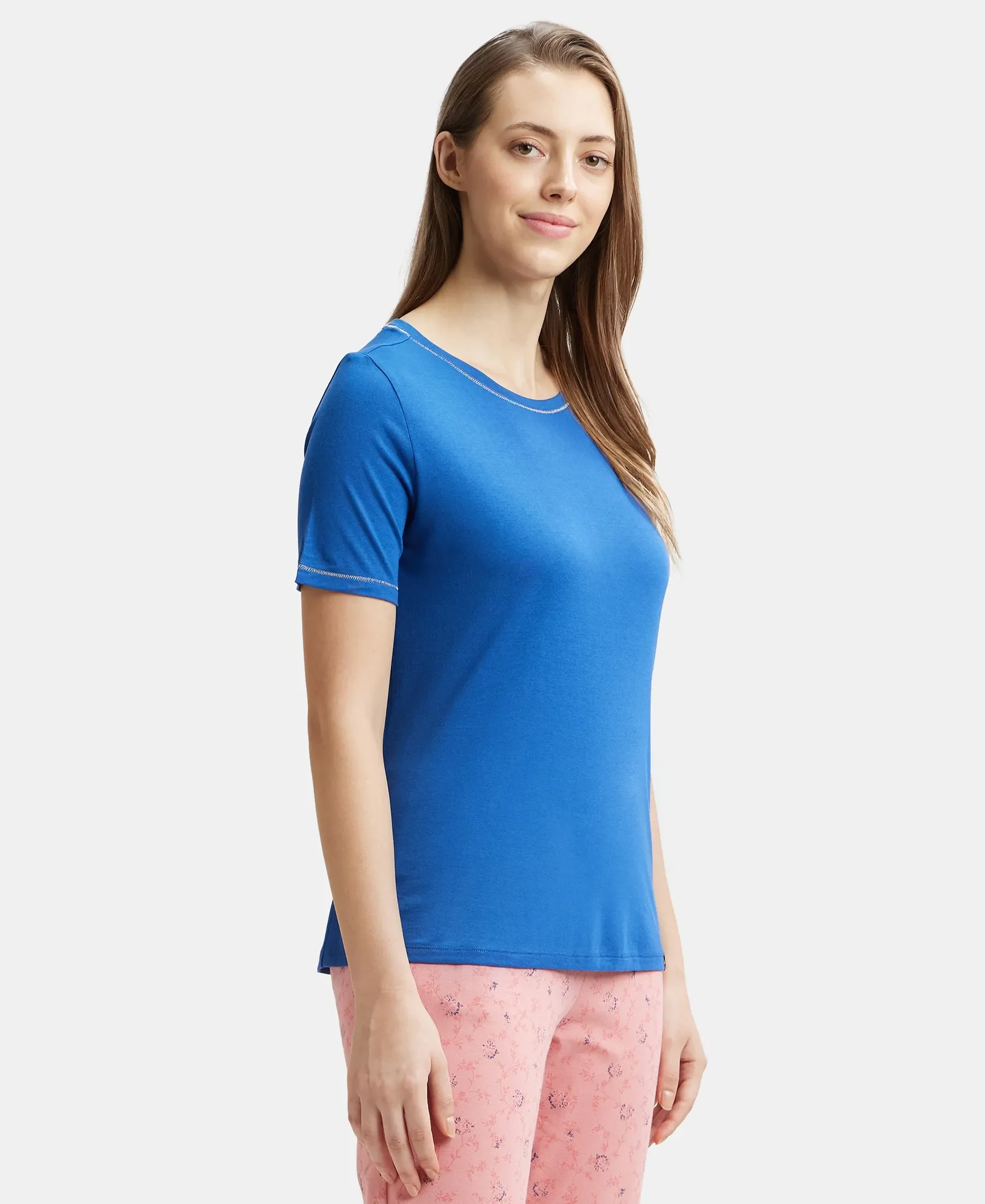 Micro Modal Cotton Relaxed Fit Round neck Half Sleeve T-Shirt - Blue Quartz - Image 2
