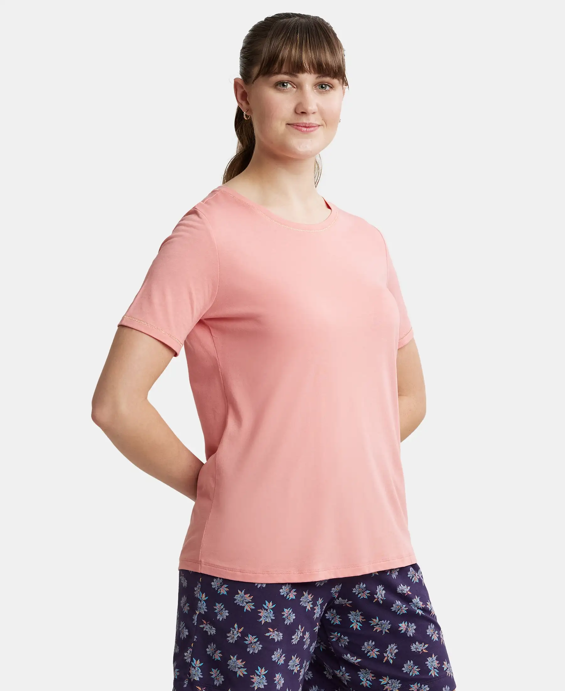 Micro Modal Cotton Relaxed Fit Round neck Half Sleeve T-Shirt - Peach Blossom - Image 2