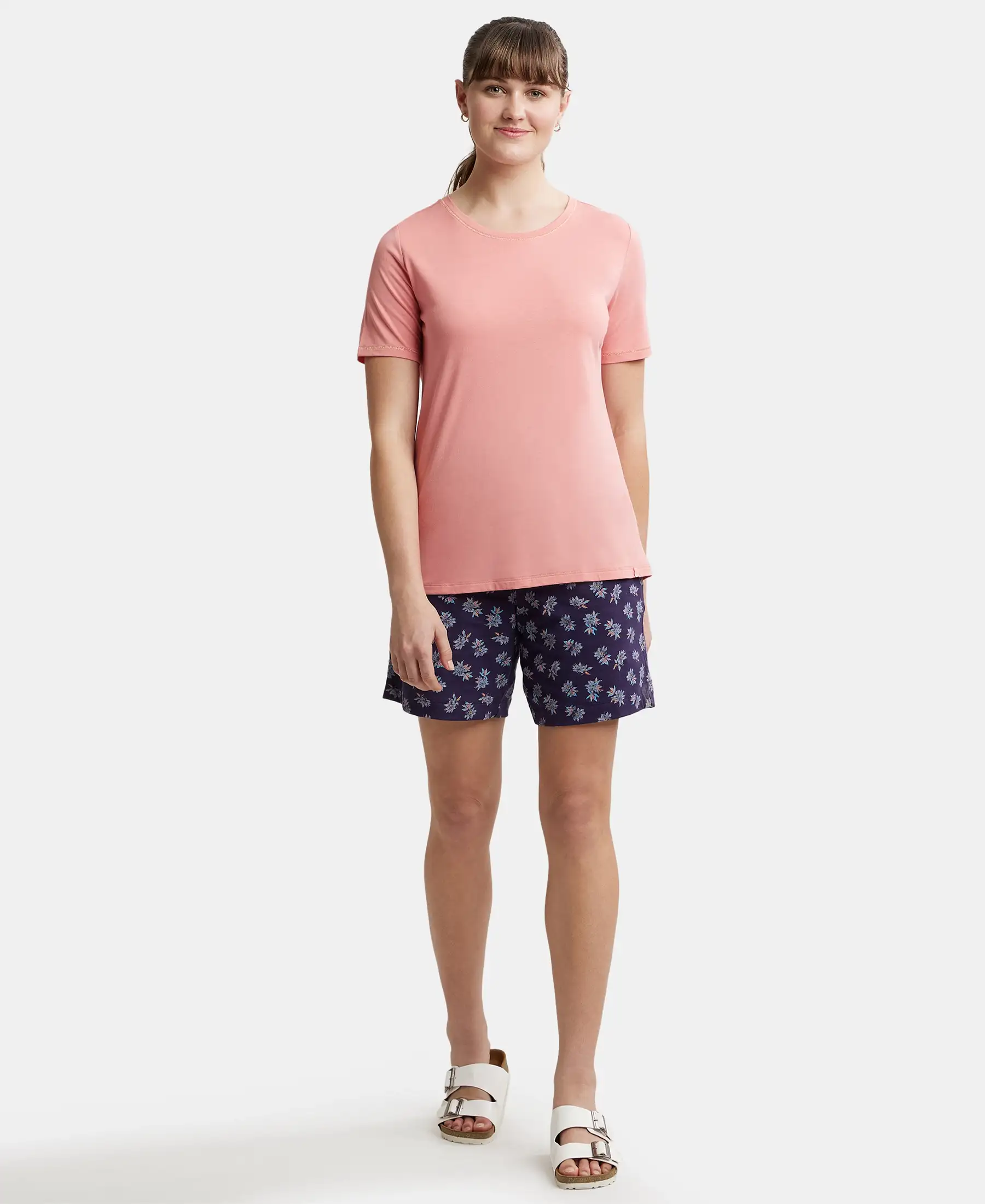 Micro Modal Cotton Relaxed Fit Round neck Half Sleeve T-Shirt - Peach Blossom - Image 4