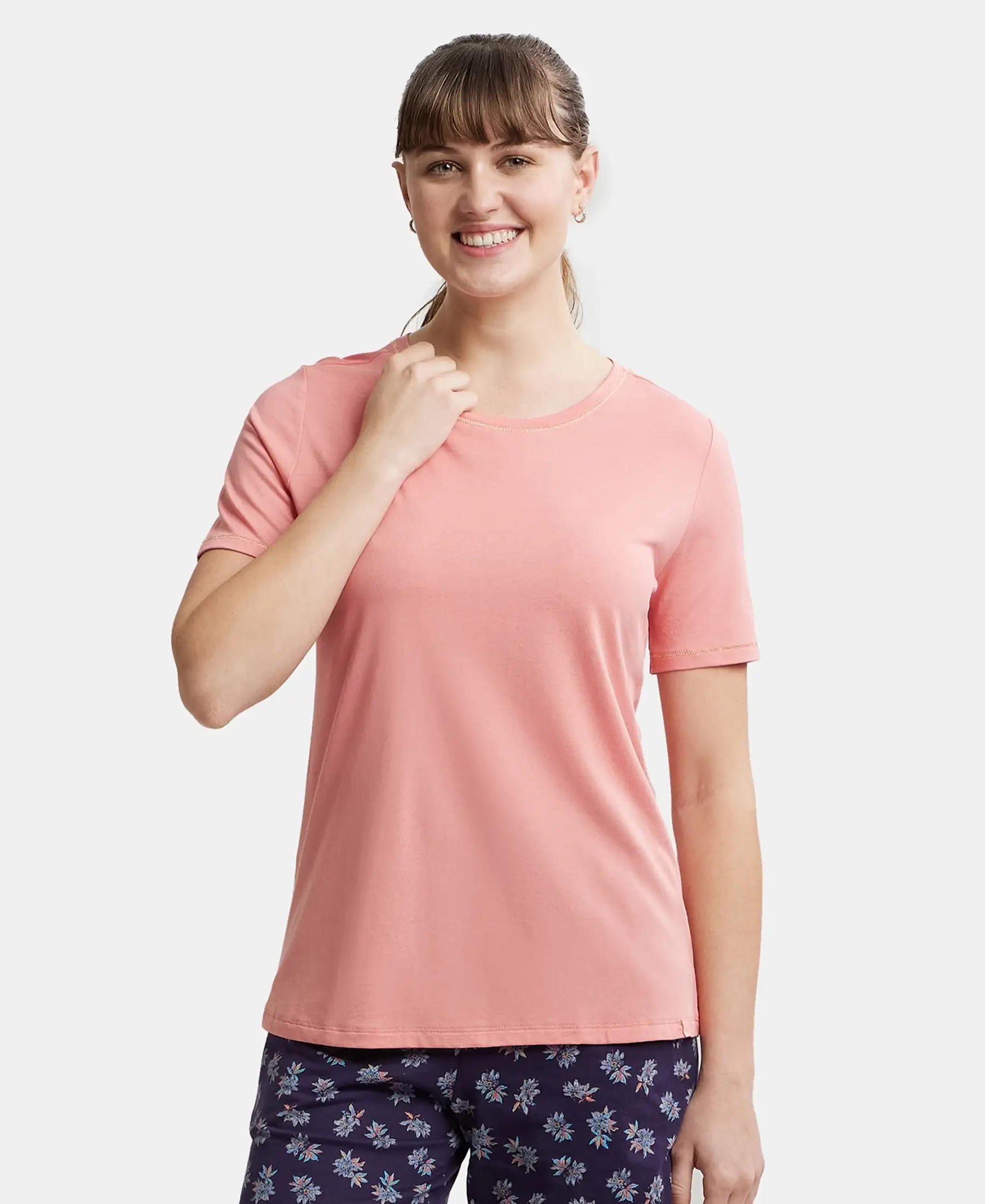 Micro Modal Cotton Relaxed Fit Round neck Half Sleeve T-Shirt - Peach Blossom - Image 5