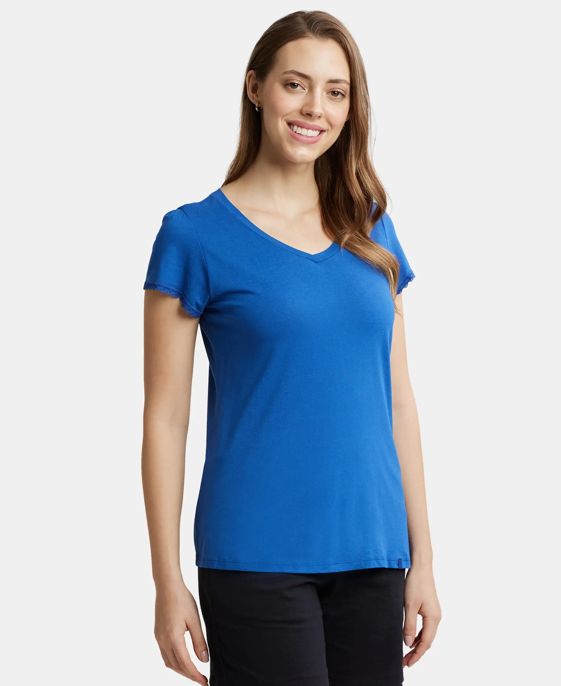 Micro Modal Cotton Relaxed Fit Solid V Neck Half Sleeve T-Shirt - Blue Quartz - Image 2