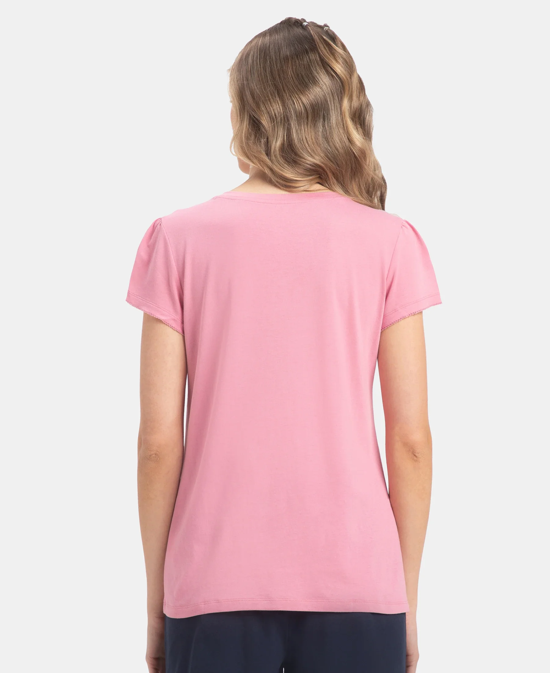 Micro Modal Cotton Relaxed Fit Solid V Neck Half Sleeve T-Shirt - Cashmere Rose - Image 3