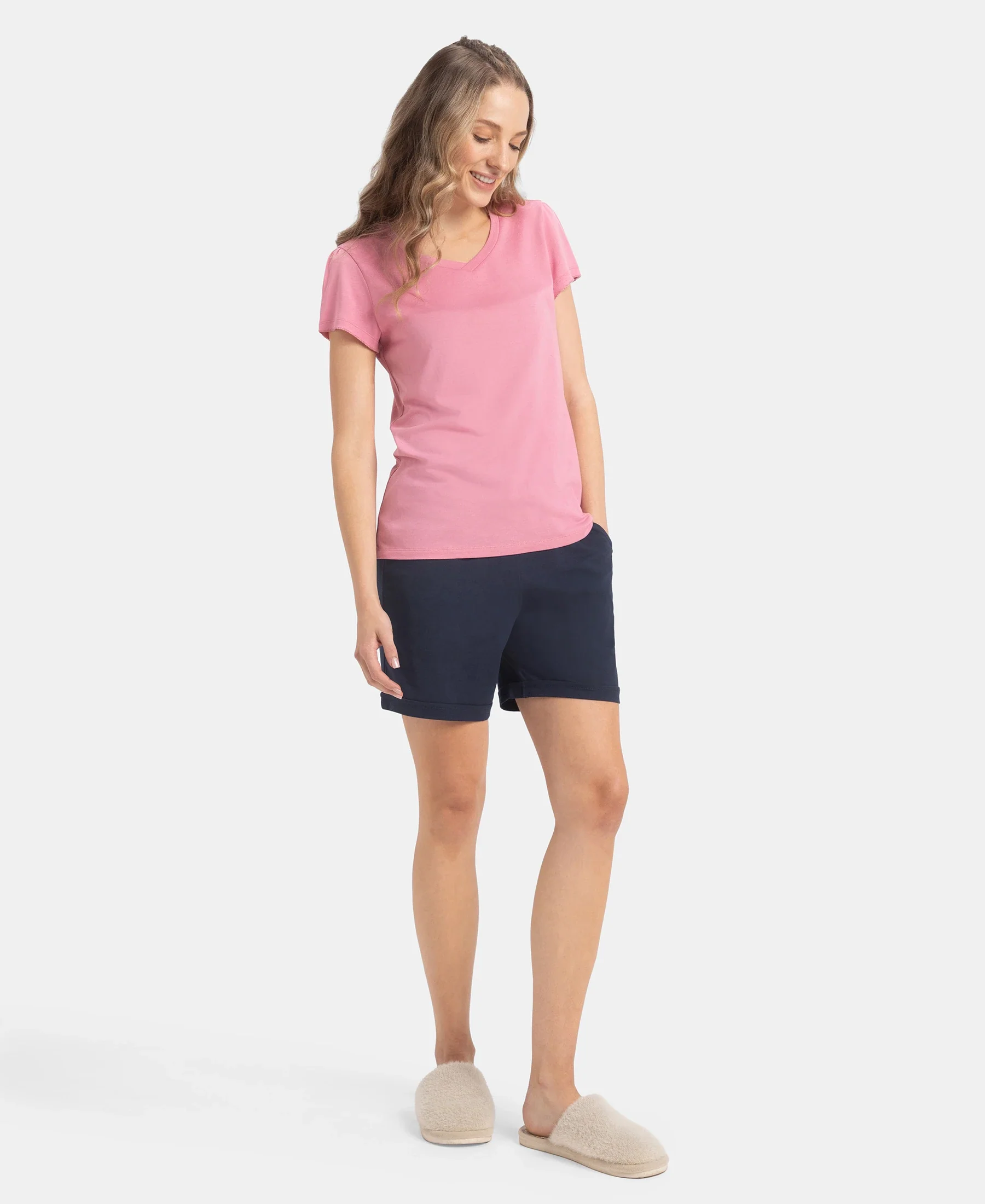 Micro Modal Cotton Relaxed Fit Solid V Neck Half Sleeve T-Shirt - Cashmere Rose - Image 4