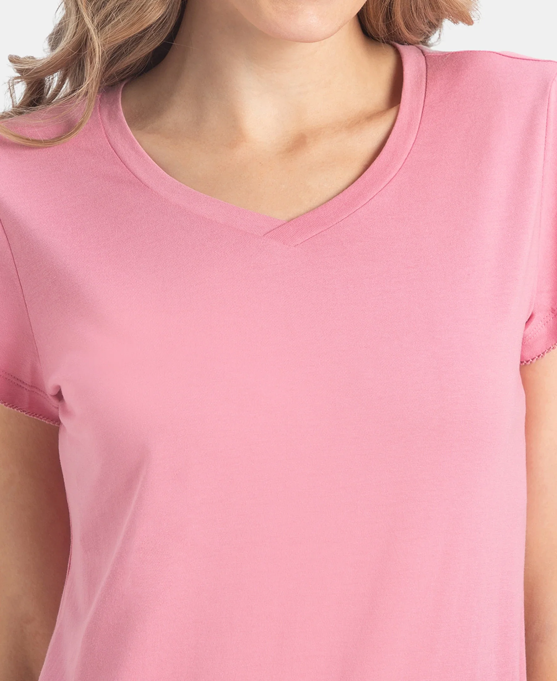 Micro Modal Cotton Relaxed Fit Solid V Neck Half Sleeve T-Shirt - Cashmere Rose - Image 7