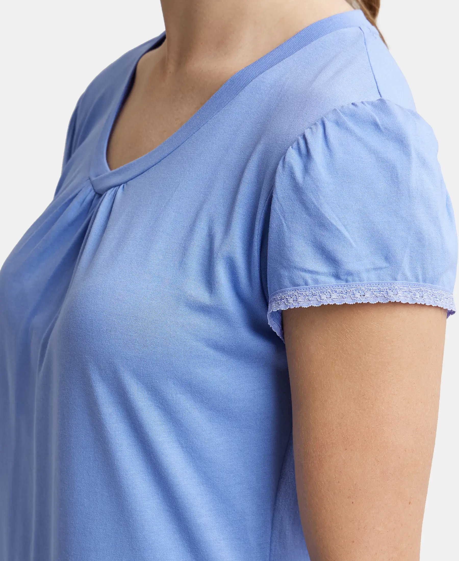 Micro Modal Cotton Relaxed Fit Solid V Neck Half Sleeve T-Shirt - Iris Blue - Image 7