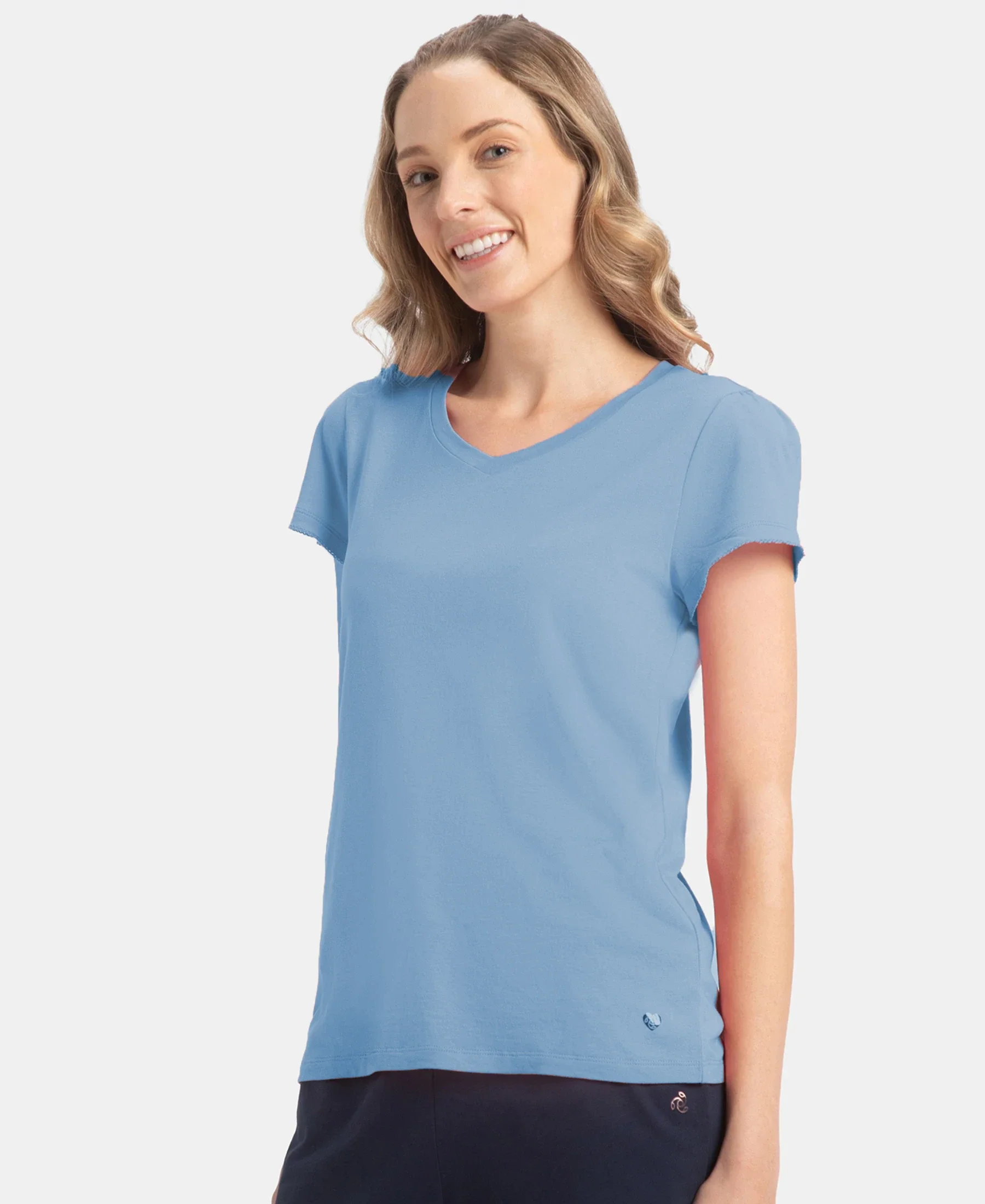 Micro Modal Cotton Relaxed Fit Solid V Neck Half Sleeve T-Shirt - Soft Chambray - Image 2