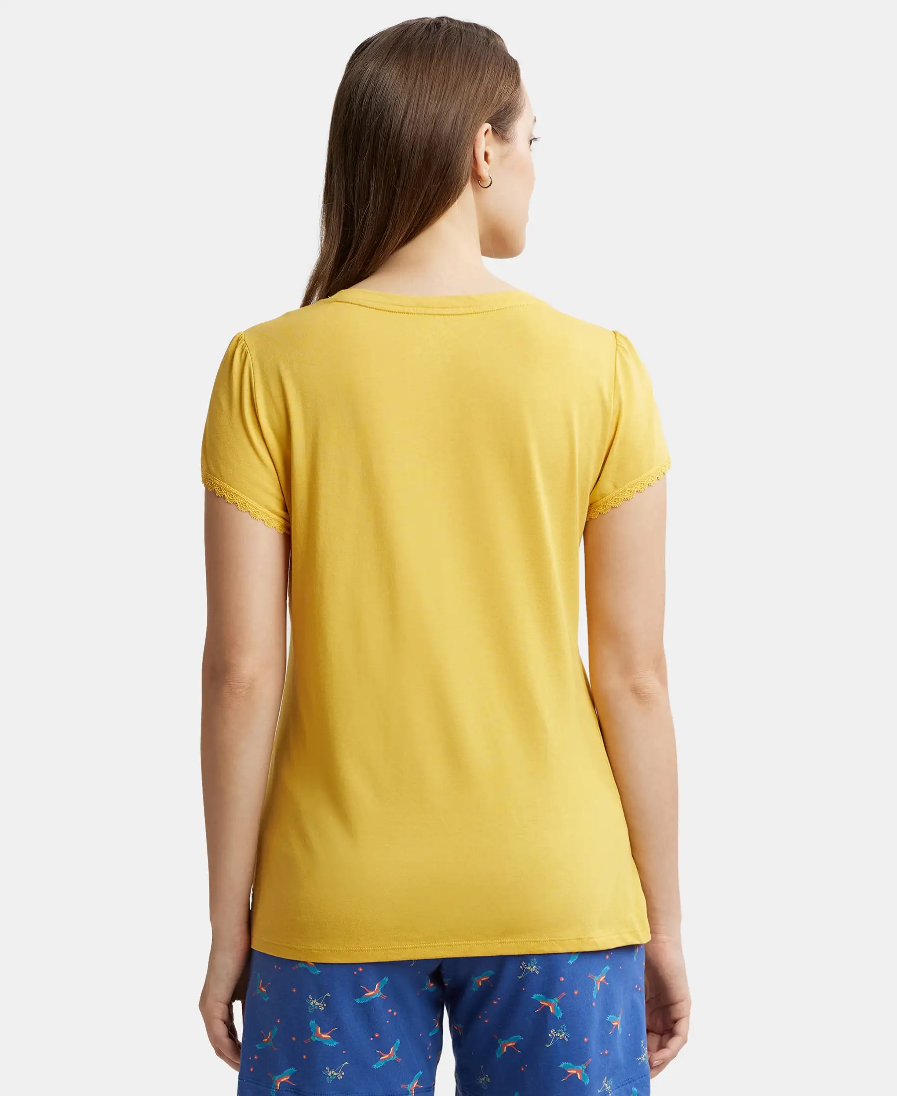 Micro Modal Cotton Relaxed Fit Solid V Neck Half Sleeve T-Shirt - Yolk Yellow - Image 3
