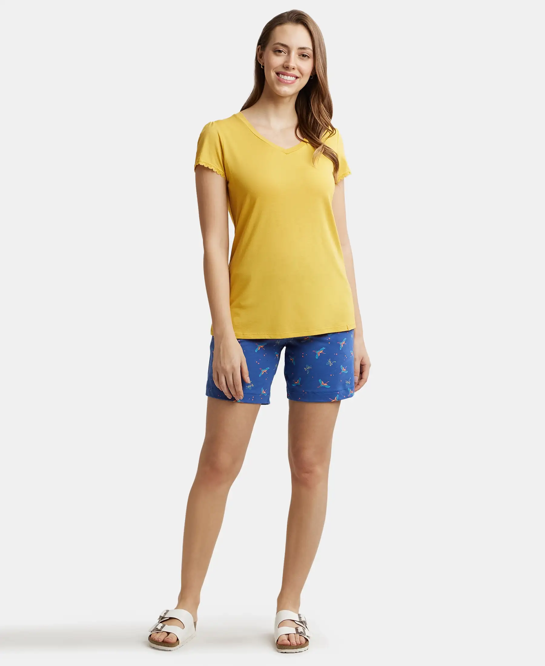 Micro Modal Cotton Relaxed Fit Solid V Neck Half Sleeve T-Shirt - Yolk Yellow - Image 4