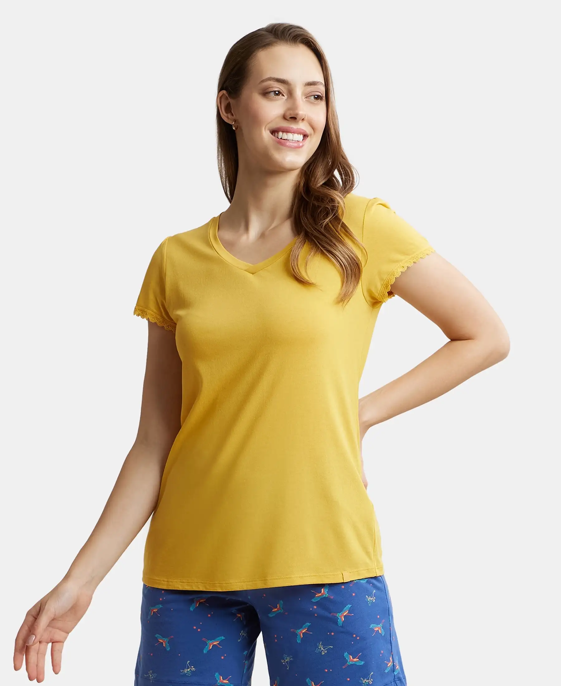 Micro Modal Cotton Relaxed Fit Solid V Neck Half Sleeve T-Shirt - Yolk Yellow - Image 5