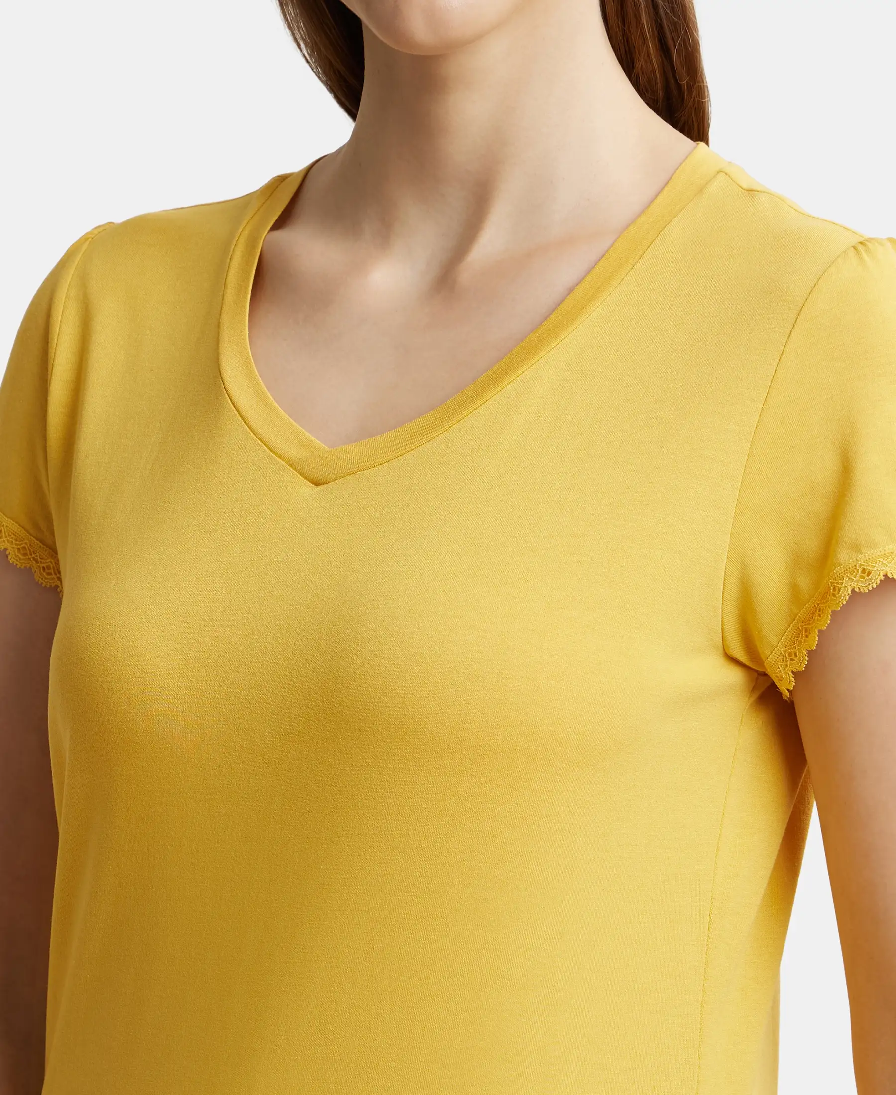 Micro Modal Cotton Relaxed Fit Solid V Neck Half Sleeve T-Shirt - Yolk Yellow - Image 6