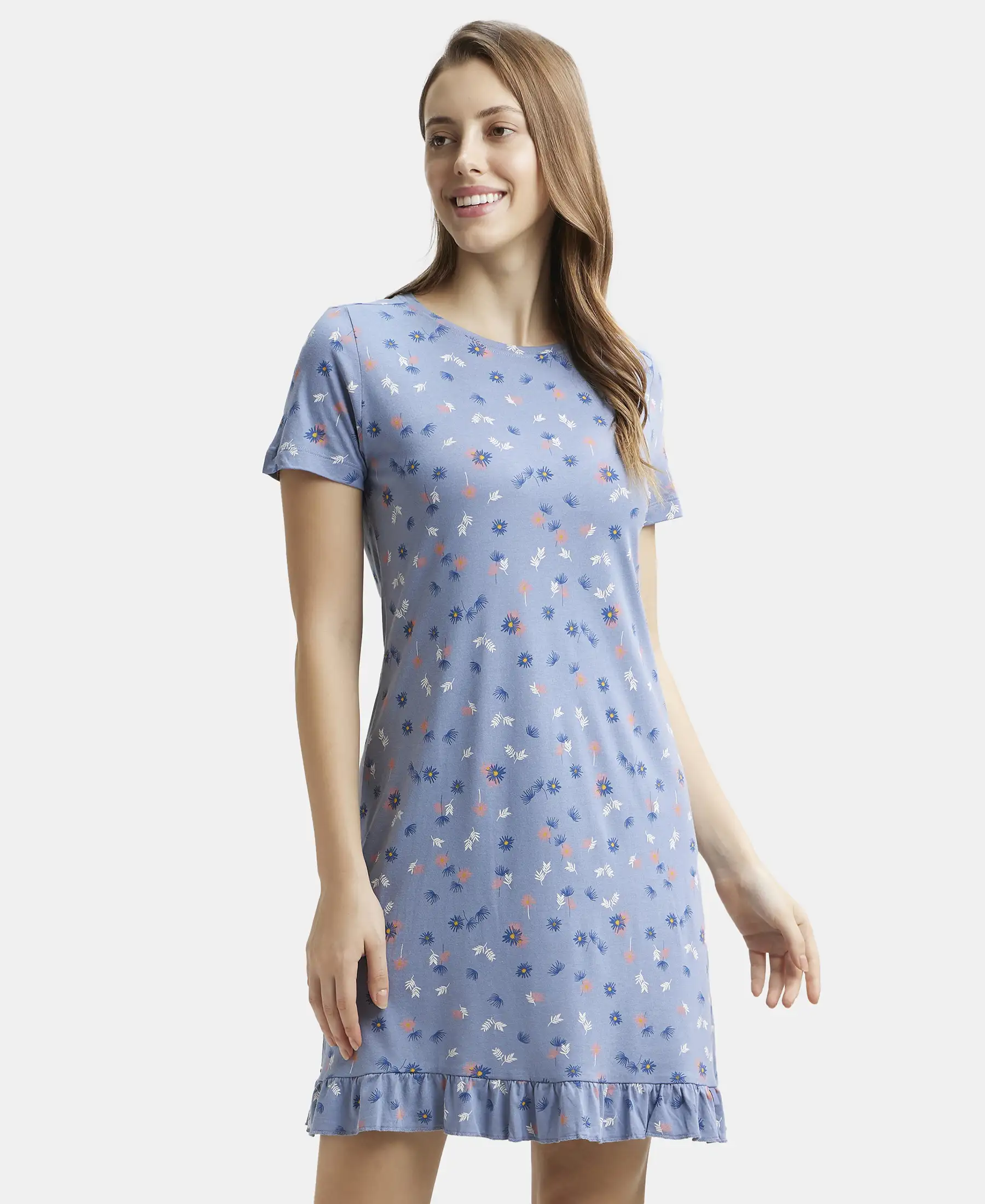Micro Modal Cotton Ruffled Hem Styled Half Sleeve Printed Sleep Dress - Infinity Blue Assorted Prints - Image 5