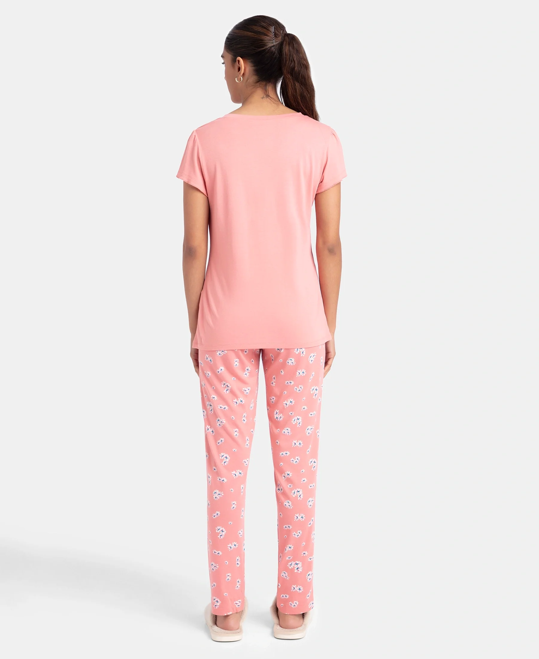Micro Modal Cotton Short Sleeve T-Shirt & Pyjama Sleep Set - Peach Blossom - Image 3