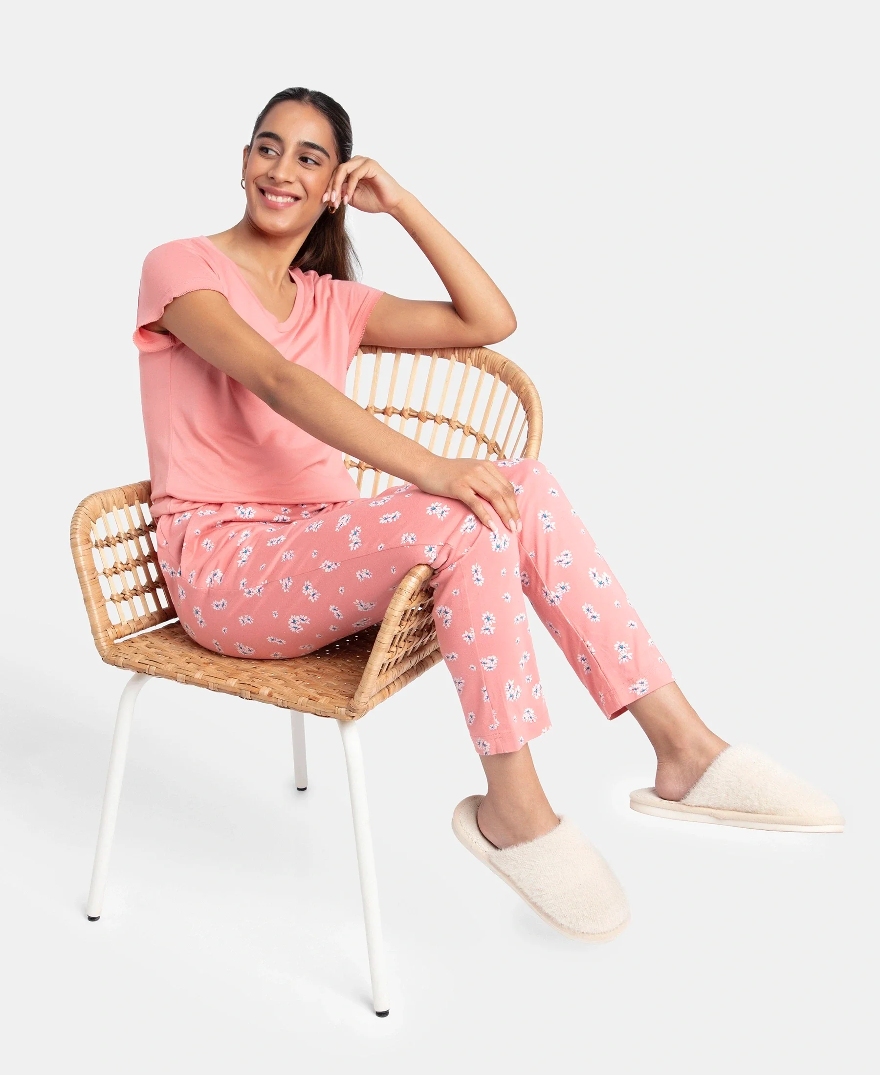 Micro Modal Cotton Short Sleeve T-Shirt & Pyjama Sleep Set - Peach Blossom - Image 5