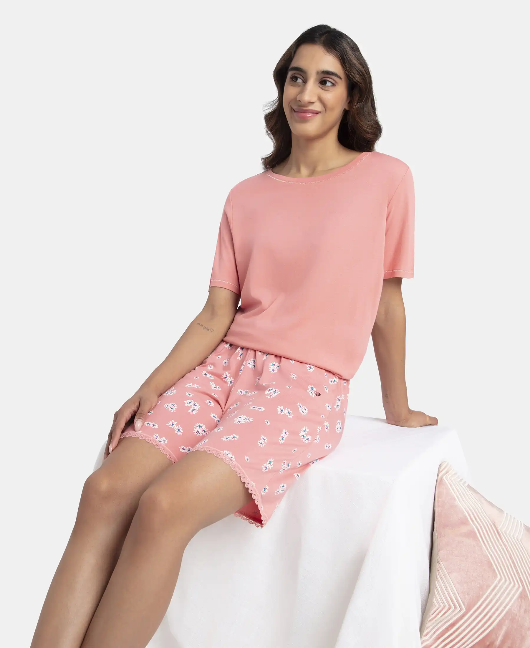Micro Modal Cotton Short Sleeve T-Shirt and Printed Shorts Set - Peach Blossom - Image 5