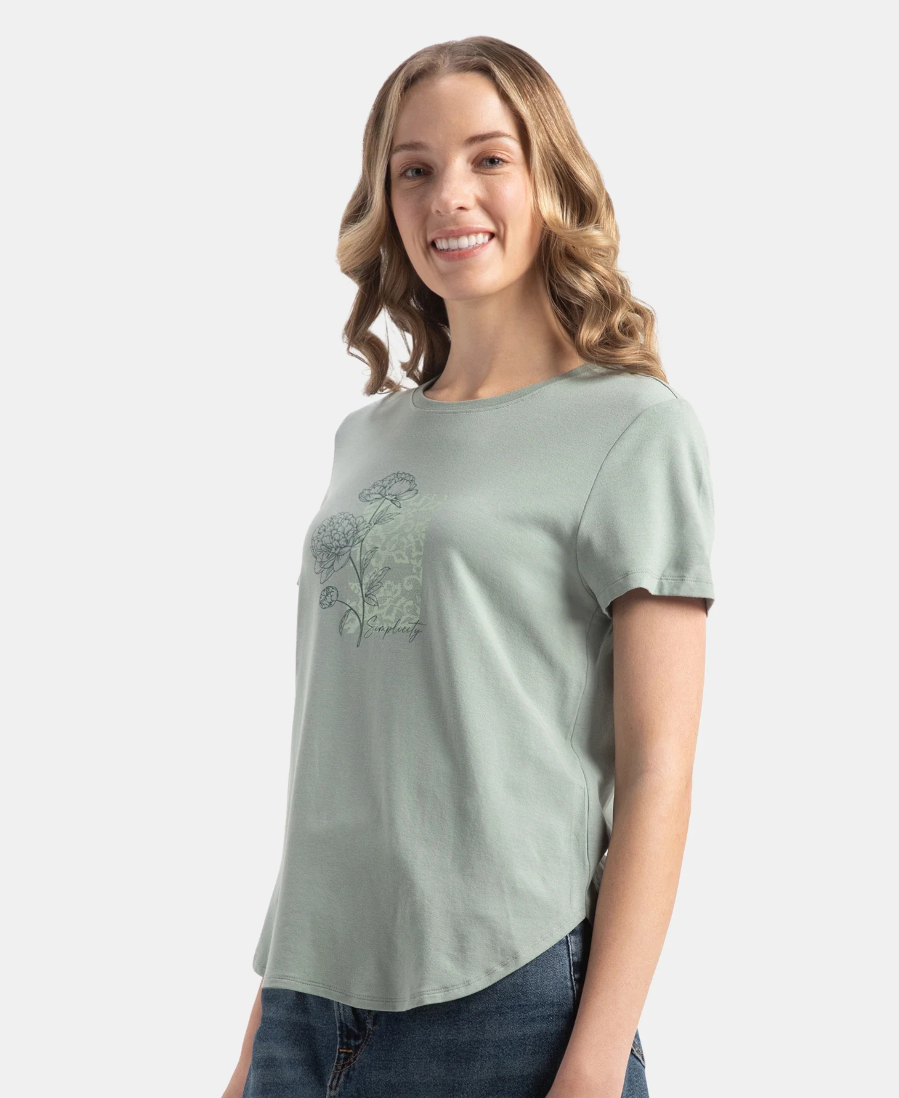 Micro Modal Fiber Elastane Stretch Relaxed Fit Graphic Print Round Neck Half Sleeve T-Shirt With Curved Hem Styling - Iceberg Green - Image 2