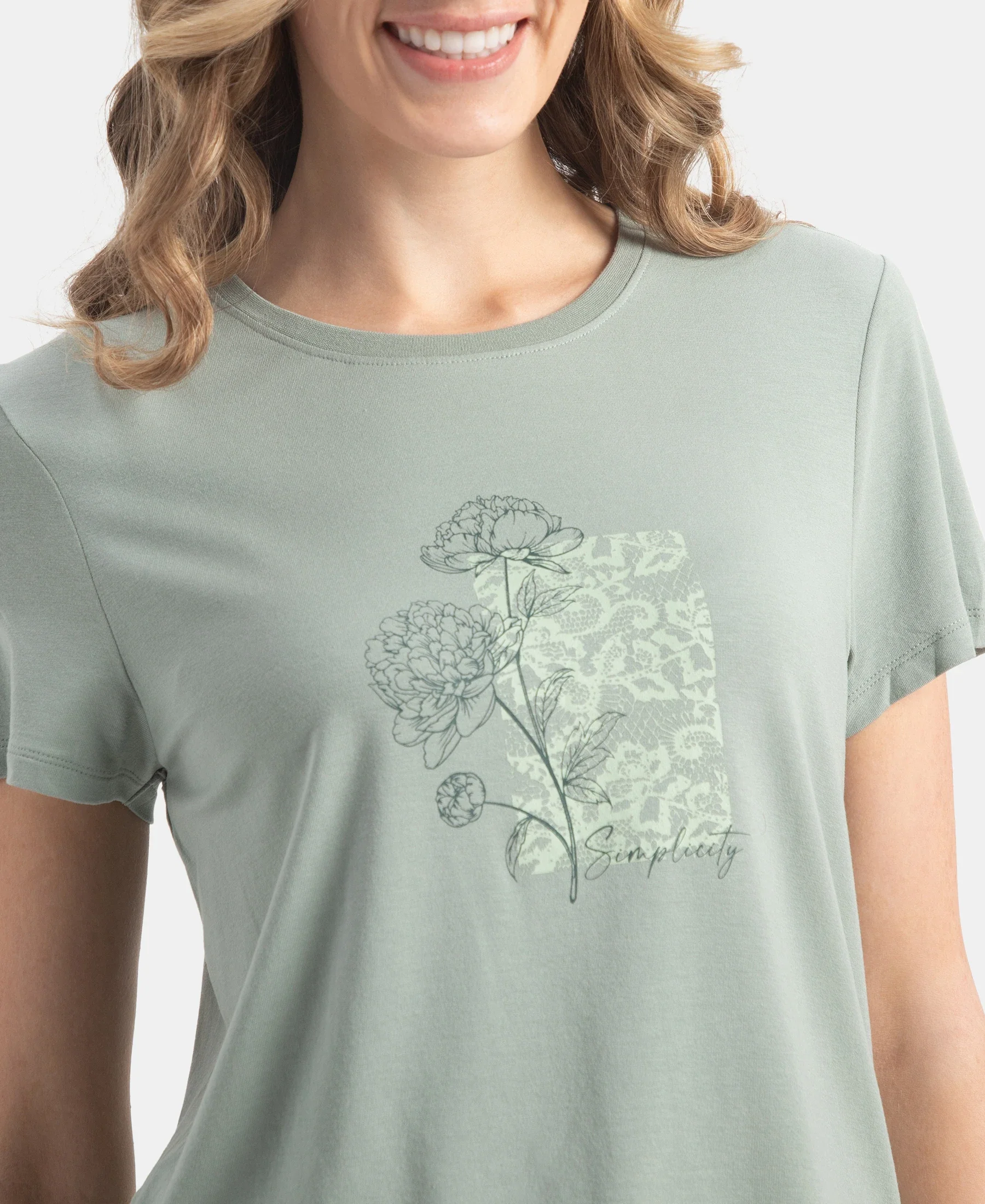 Micro Modal Fiber Elastane Stretch Relaxed Fit Graphic Print Round Neck Half Sleeve T-Shirt With Curved Hem Styling - Iceberg Green - Image 7
