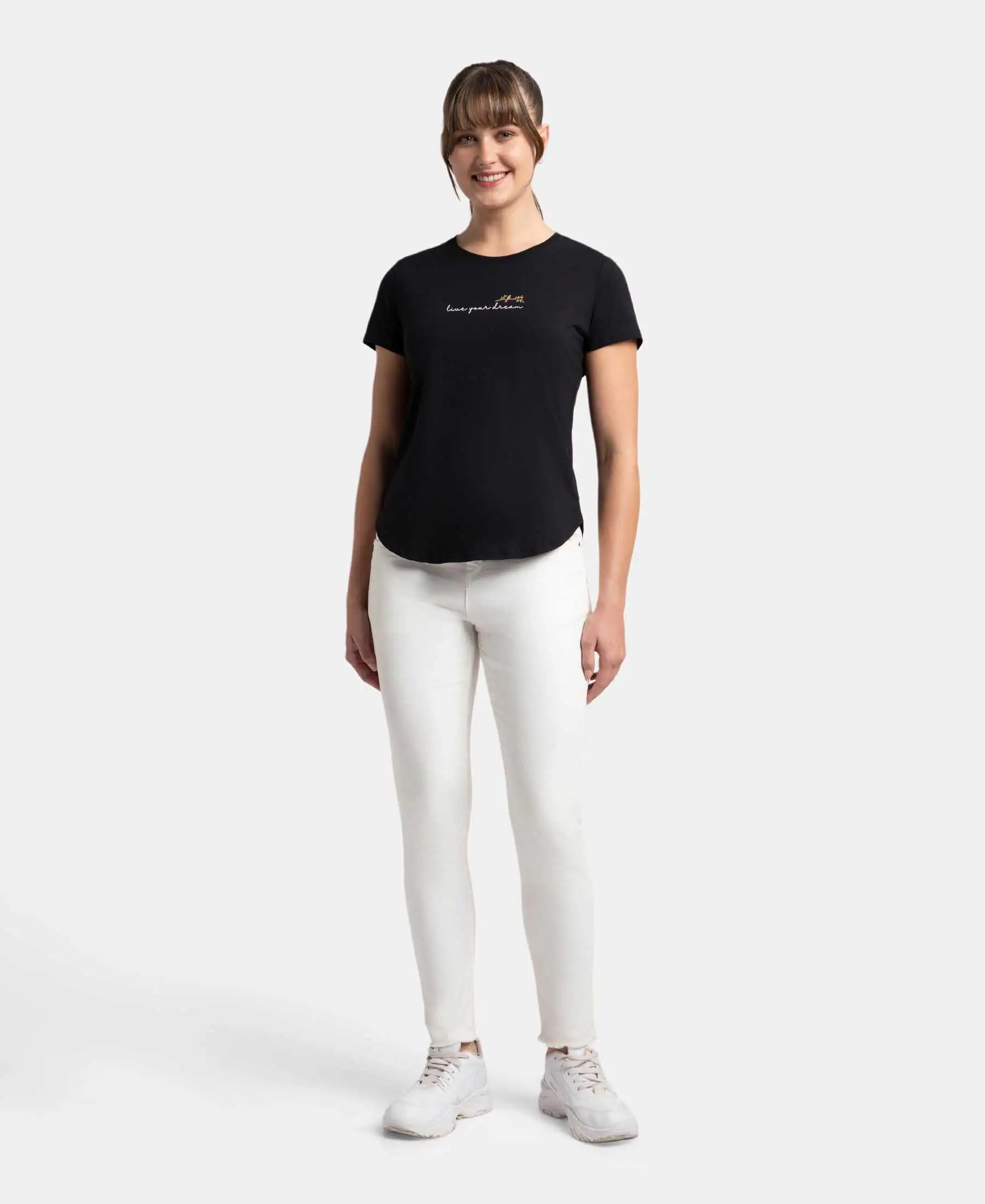 Micro Modal Fiber Elastane Stretch Relaxed Fit Graphic Print Round Neck Half Sleeve T-Shirt With Curved Hem Styling - Black - Image 4