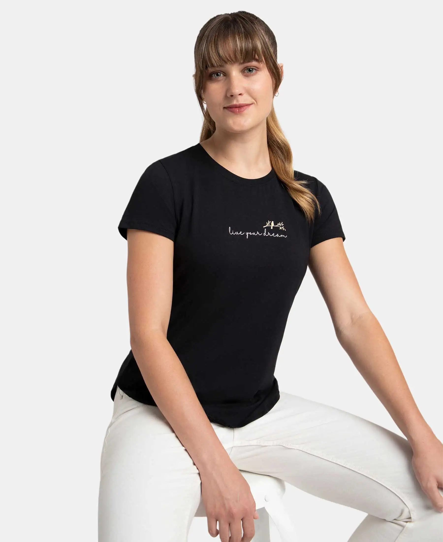 Micro Modal Fiber Elastane Stretch Relaxed Fit Graphic Print Round Neck Half Sleeve T-Shirt With Curved Hem Styling - Black - Image 5