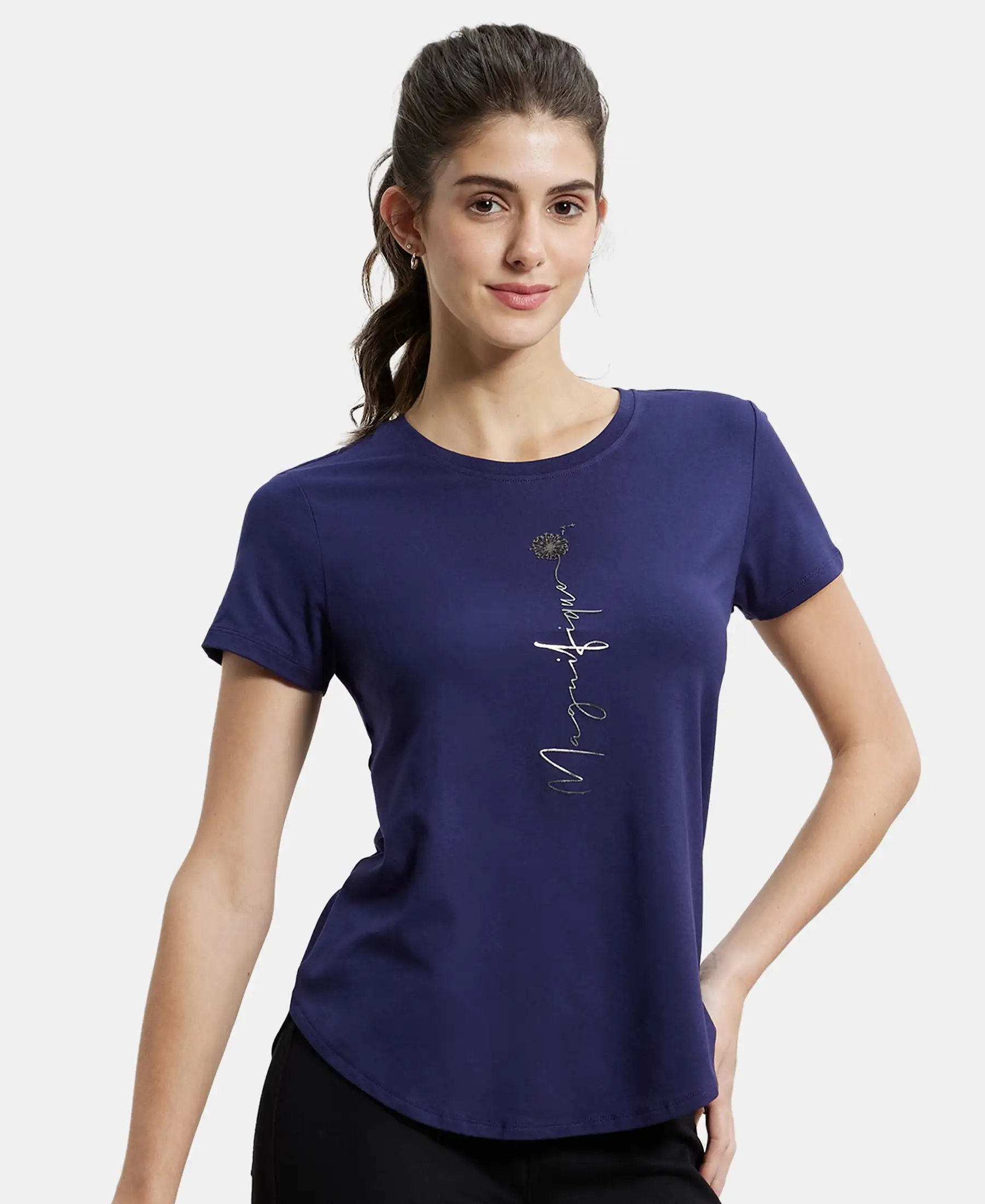Micro Modal Fiber Elastane Stretch Relaxed Fit Graphic Print Round Neck Half Sleeve T-Shirt With Curved Hem Styling - Classic Navy - Image 5