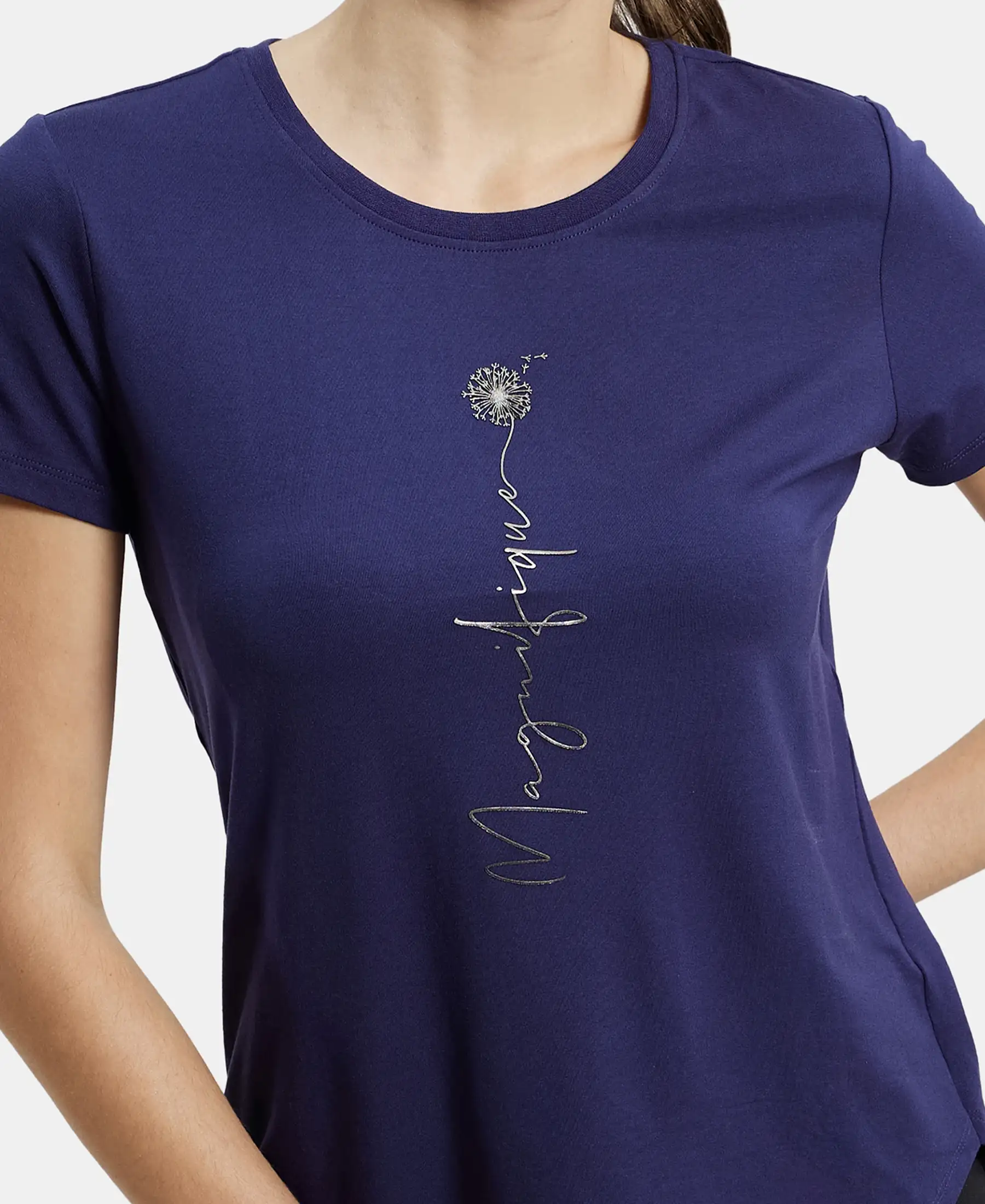 Micro Modal Fiber Elastane Stretch Relaxed Fit Graphic Print Round Neck Half Sleeve T-Shirt With Curved Hem Styling - Classic Navy - Image 6