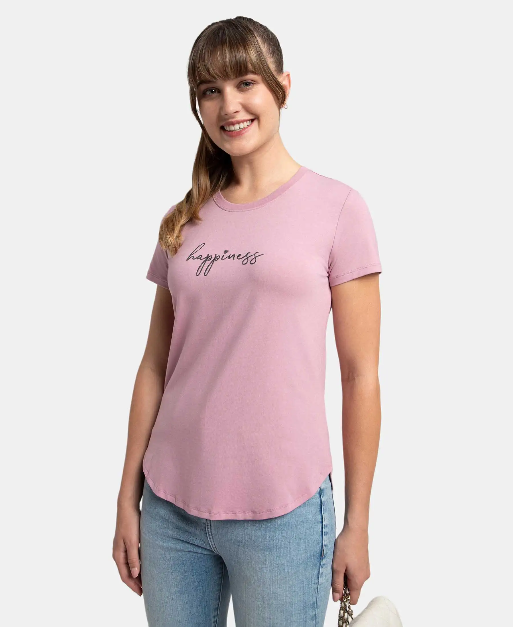 Micro Modal Fiber Elastane Stretch Relaxed Fit Graphic Print Round Neck Half Sleeve T-Shirt With Curved Hem Styling - Lilas - Image 5