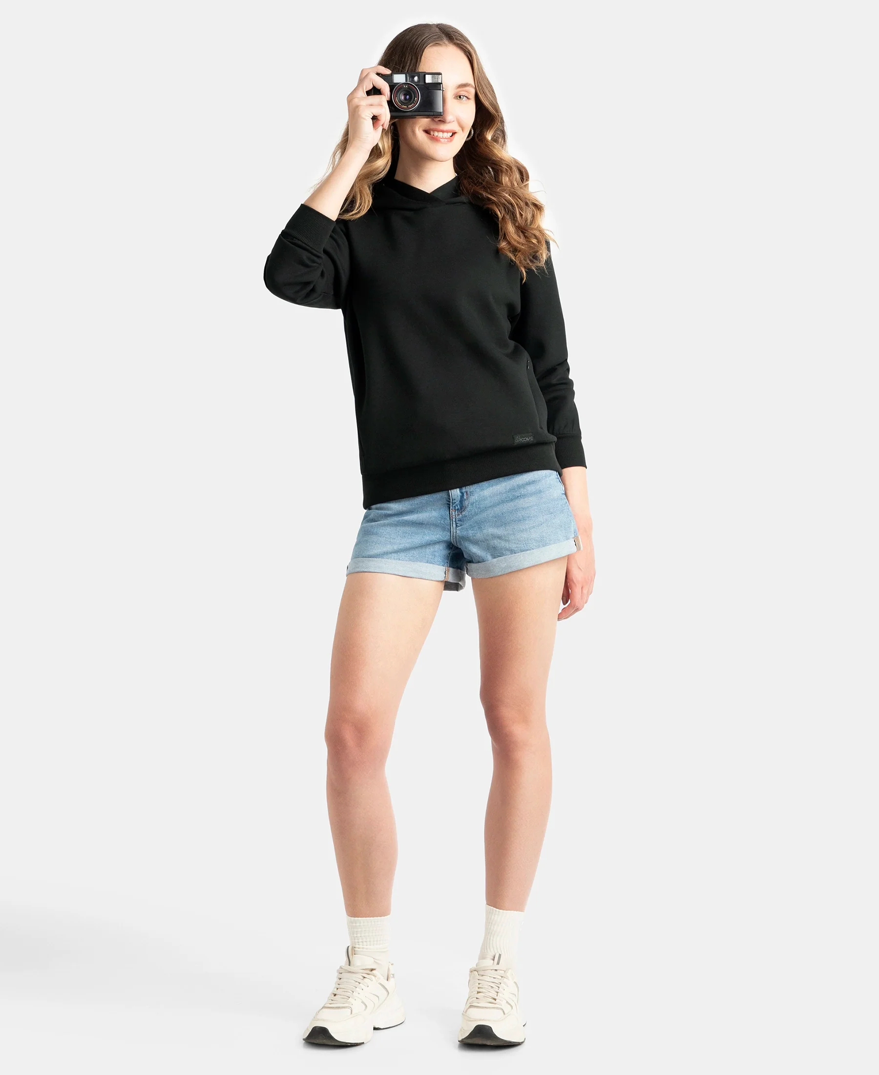 Microfiber Cotton Blend Elastane Stretch Drop Shoulder Hoodie Sweatshirt - Black - Image 6